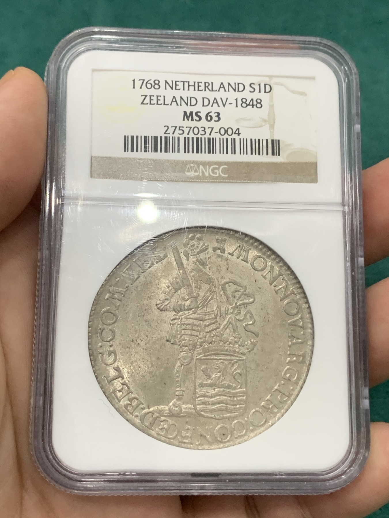 欢迎参加《竞宝斋》为爱冲冲冲 七夕特拍专场 ！第191场 (全场包邮) NGC MS63 荷兰 泽兰省 1768年 1杜卡特 武士银币 打制的很不错 老盒严评 带包浆