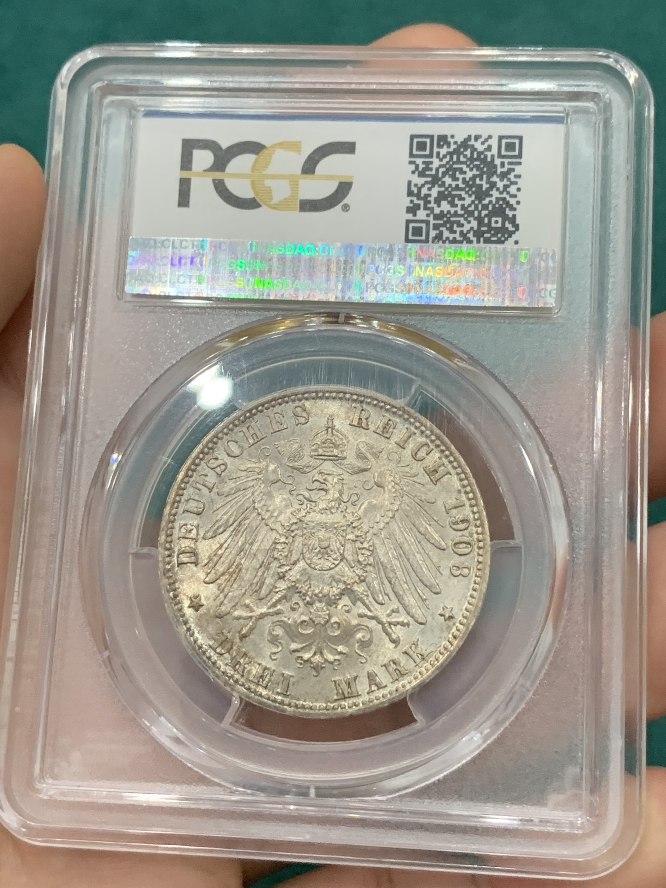欢迎参加《竞宝斋》为爱冲冲冲 七夕特拍专场 ！第191场 (全场包邮) PCGS MS64 德国吕贝克市1908年3马克银币 币面呈现淡彩色 百看不厌 值得收藏