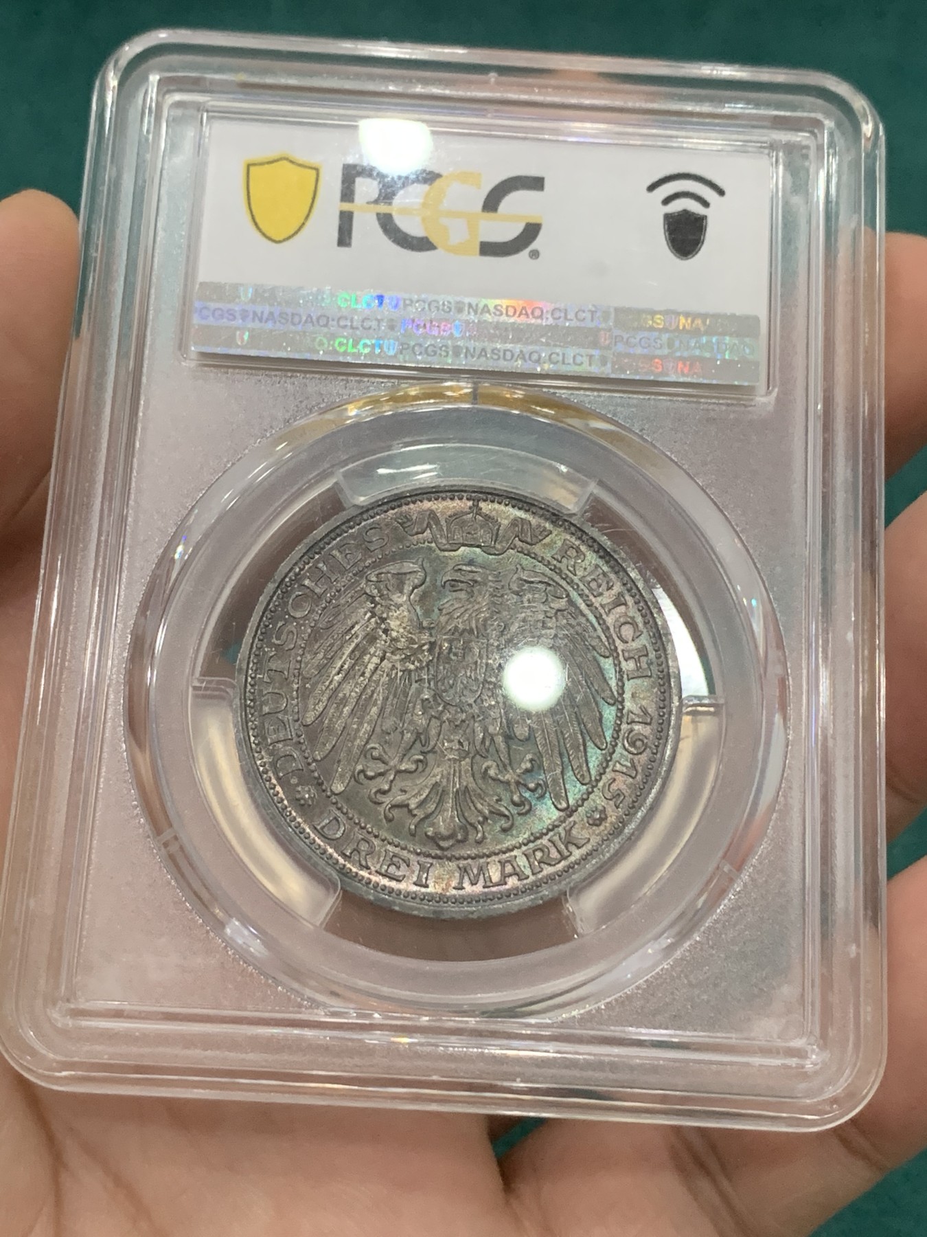 欢迎参加《竞宝斋》为爱冲冲冲 七夕特拍专场 ！第191场 (全场包邮) PCGS MS66 1915年德国普鲁士屠龙3马克银币 原味酱彩 这个包浆实在难得