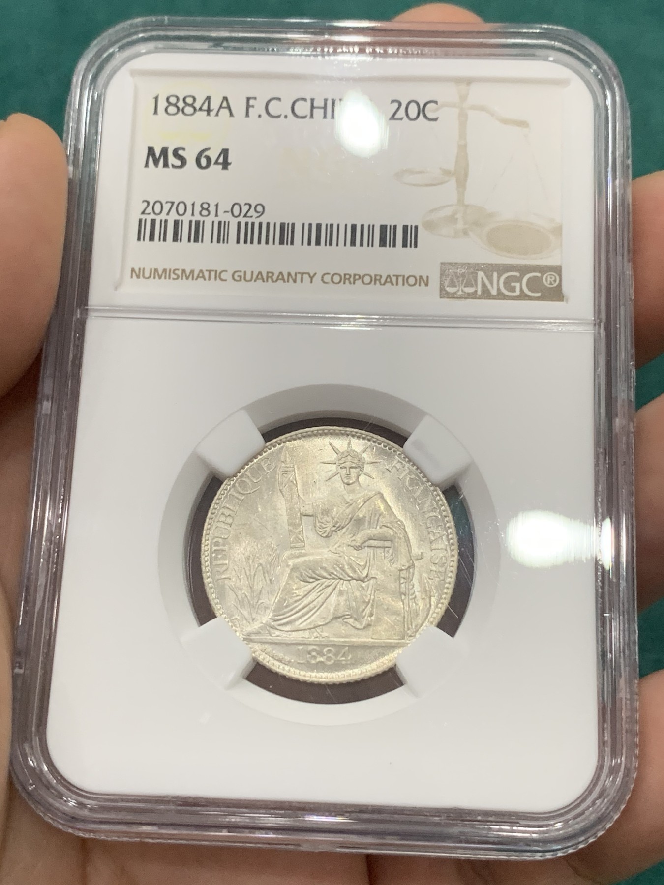 欢迎参加《竞宝斋》为爱冲冲冲 七夕特拍专场 ！第191场 (全场包邮) NGC MS64 法属交趾 1884年 20分 极少品种