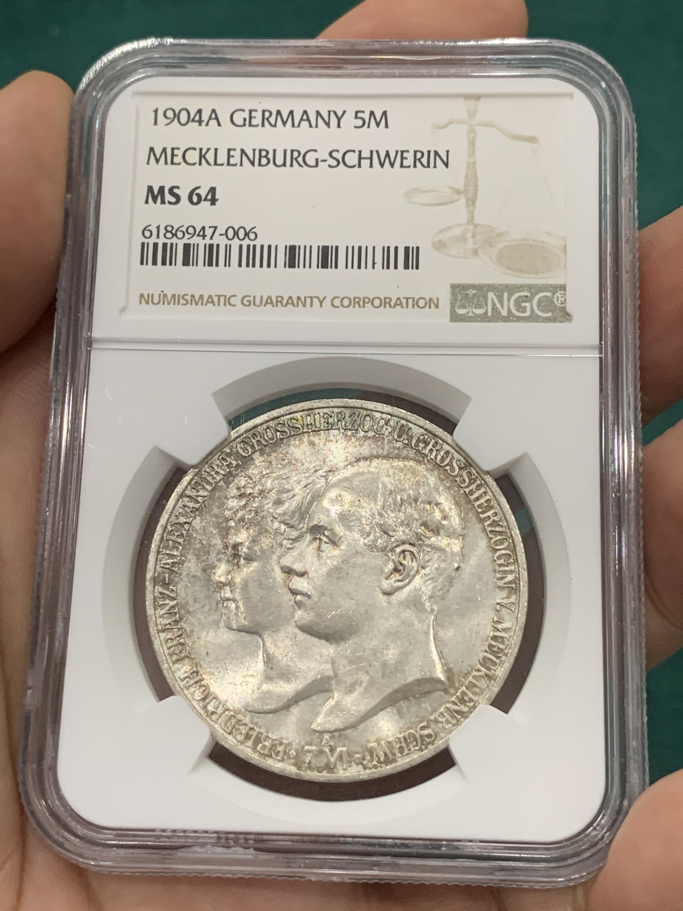 欢迎参加《竞宝斋》为爱冲冲冲 七夕特拍专场 ！第191场 (全场包邮) NGC MS64 1904梅克伦堡什未林结婚纪念5马克 车轮暴光 最高分仅为65 普制好品少