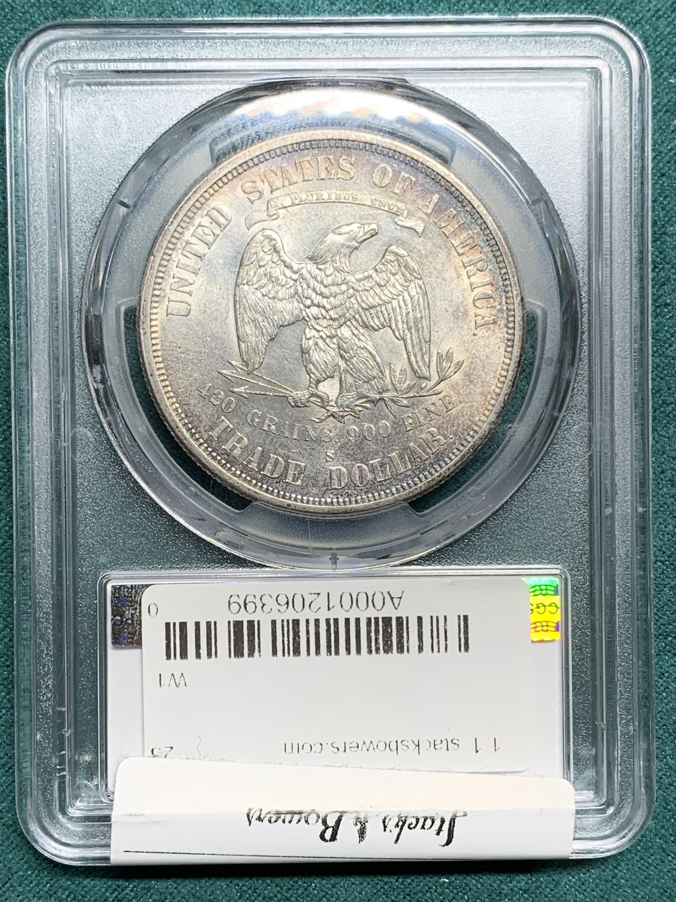 欢迎参加《竞宝斋》为爱冲冲冲 七夕特拍专场 ！第191场 (全场包邮) PCGS-MS61美国1875-S拿花贸易银币 底板丝滑转光带淡彩，这个年份这个品相很难得 稀少热门品种，不容错过