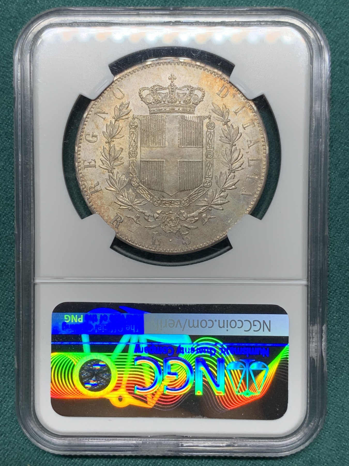欢迎参加《竞宝斋》为爱冲冲冲 七夕特拍专场 ！第191场 (全场包邮) NGC-MS63 意大利1877-R 埃曼纽尔二世 5里拉银币 五彩包浆 细节一流 状态超棒的一枚