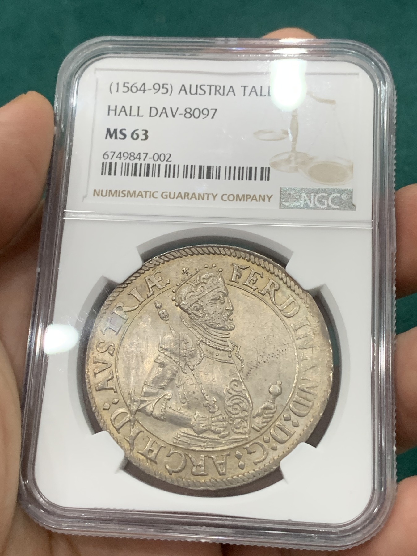 欢迎参加《竞宝斋》为爱冲冲冲 七夕特拍专场 ！第191场 (全场包邮) NGC-MS63  神圣罗马帝国 1564-95年 1泰勒 大银币霍尔造币厂 双面五彩包浆好状态 一枚毕业