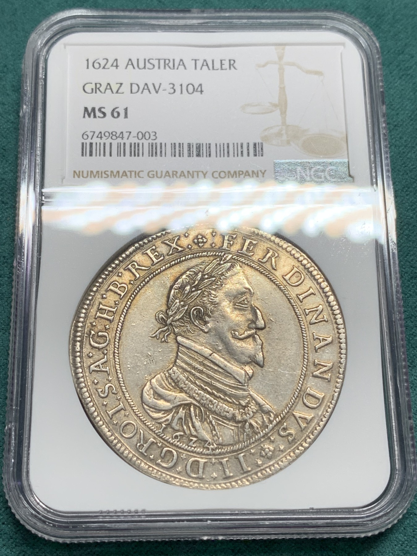 欢迎参加《竞宝斋》为爱冲冲冲 七夕特拍专场 ！第191场 (全场包邮) NGC-MS61  神圣罗马帝国 1624年 1泰勒大银币 格拉茨造币厂 将近400年的老银币 犹如出厂状态