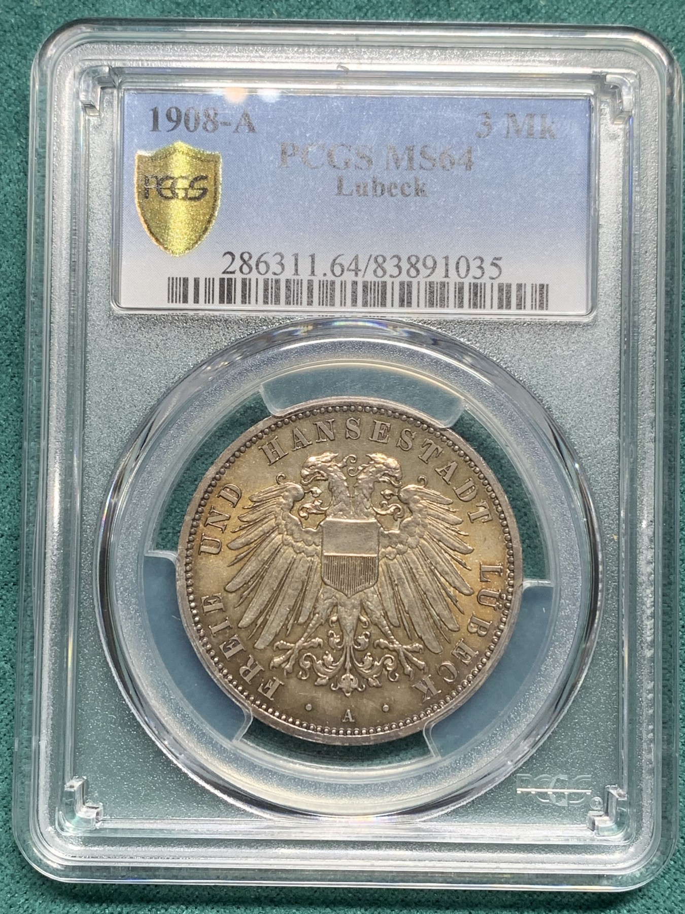 欢迎参加《竞宝斋》为爱冲冲冲 七夕特拍专场 ！第191场 (全场包邮) PCGS MS64 德国吕贝克市1908年3马克银币 币面呈现淡彩色 百看不厌 值得收藏