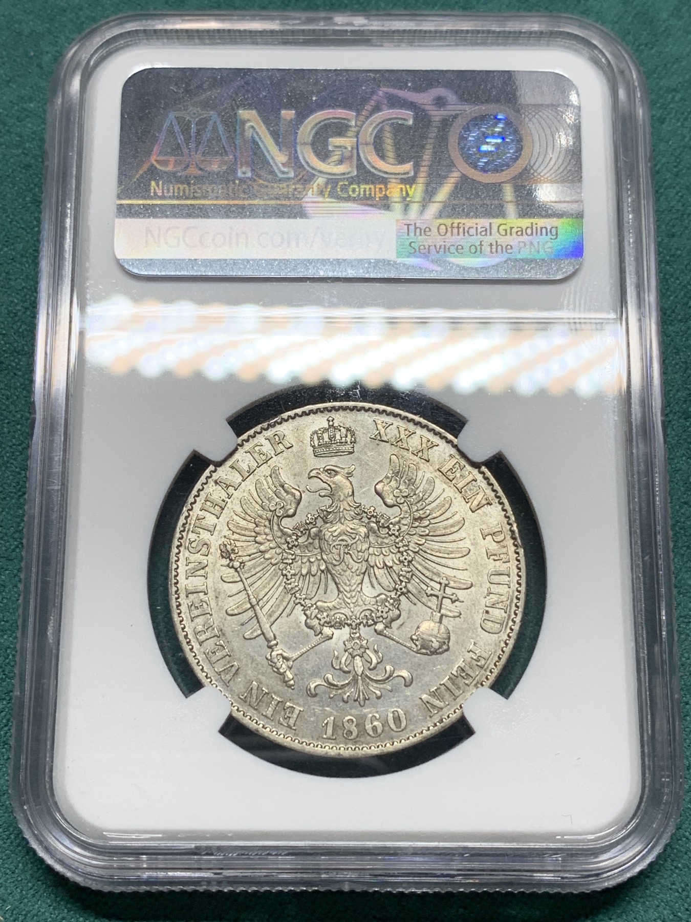 欢迎参加《竞宝斋》为爱冲冲冲 七夕特拍专场 ！第191场 (全场包邮) NGC-MS62 德国普鲁士洋葱头1860A 1泰勒银币 少见未流通好品 原状态连续转光 离冠鹰少见版本