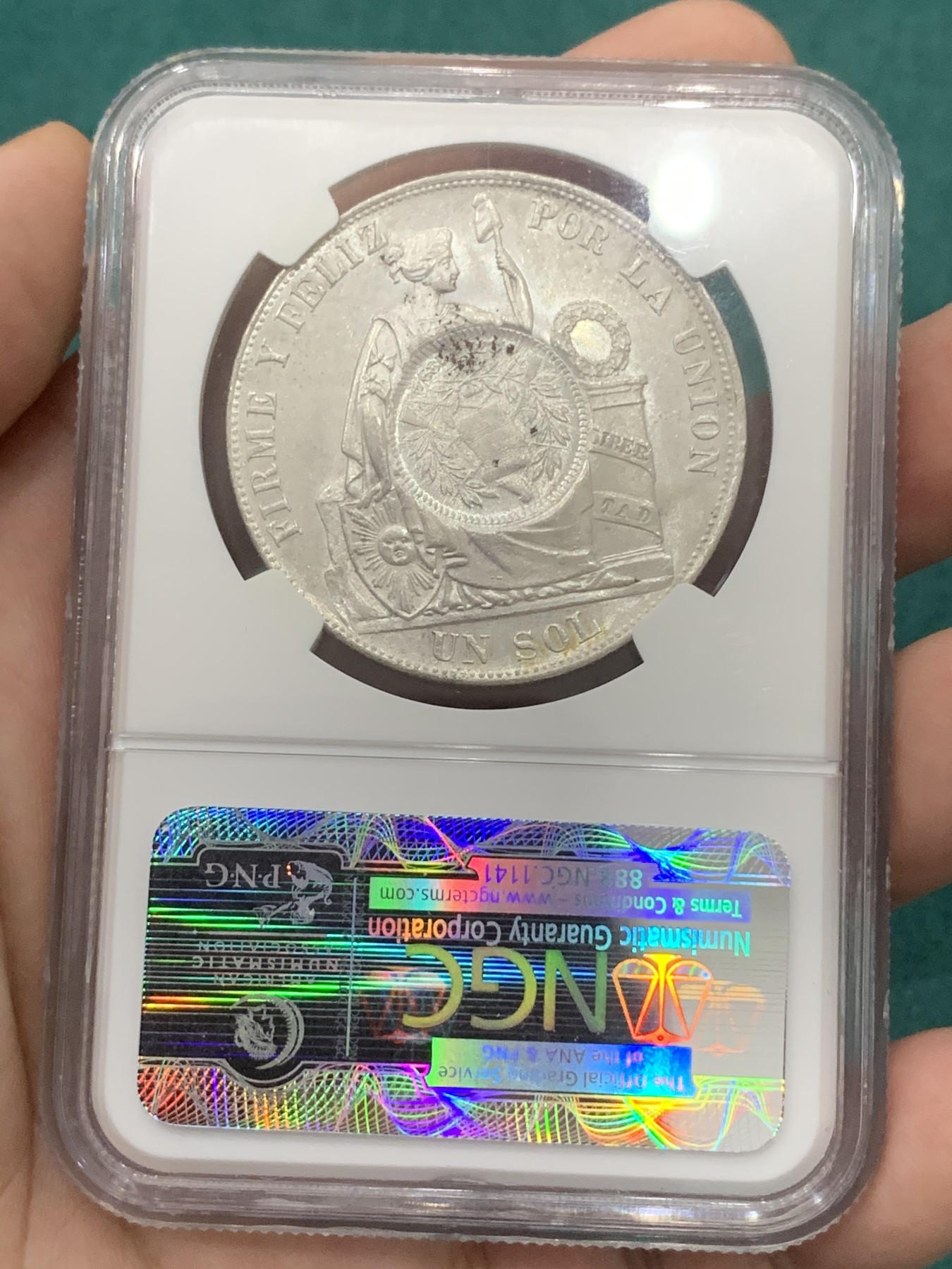 欢迎参加《竞宝斋》为爱冲冲冲 七夕特拍专场 ！第191场 (全场包邮) NGC-MS62 危地马拉 1894年 加盖 秘鲁比索 热门加盖品种 多为清洗 MS有分较少 光度也非常好
