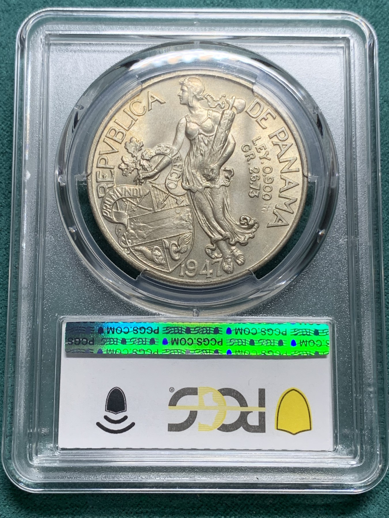 欢迎参加《竞宝斋》为爱冲冲冲 七夕特拍专场 ！第191场 (全场包邮) PCGS-MS66 巴拿马1947年1巴波亚主币大银币，稀少高分亚军分数，这个品种分数国内仅见