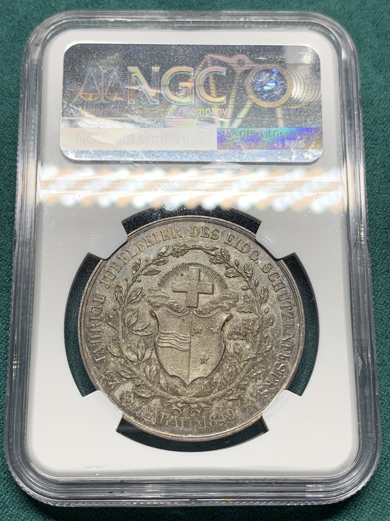 欢迎参加《竞宝斋》为爱冲冲冲 七夕特拍专场 ！第191场 (全场包邮) NGC-MS62 瑞士 1849年 阿尔高 射击节银章 早期稀少品种 镜面底板 油亮包浆 非常漂亮