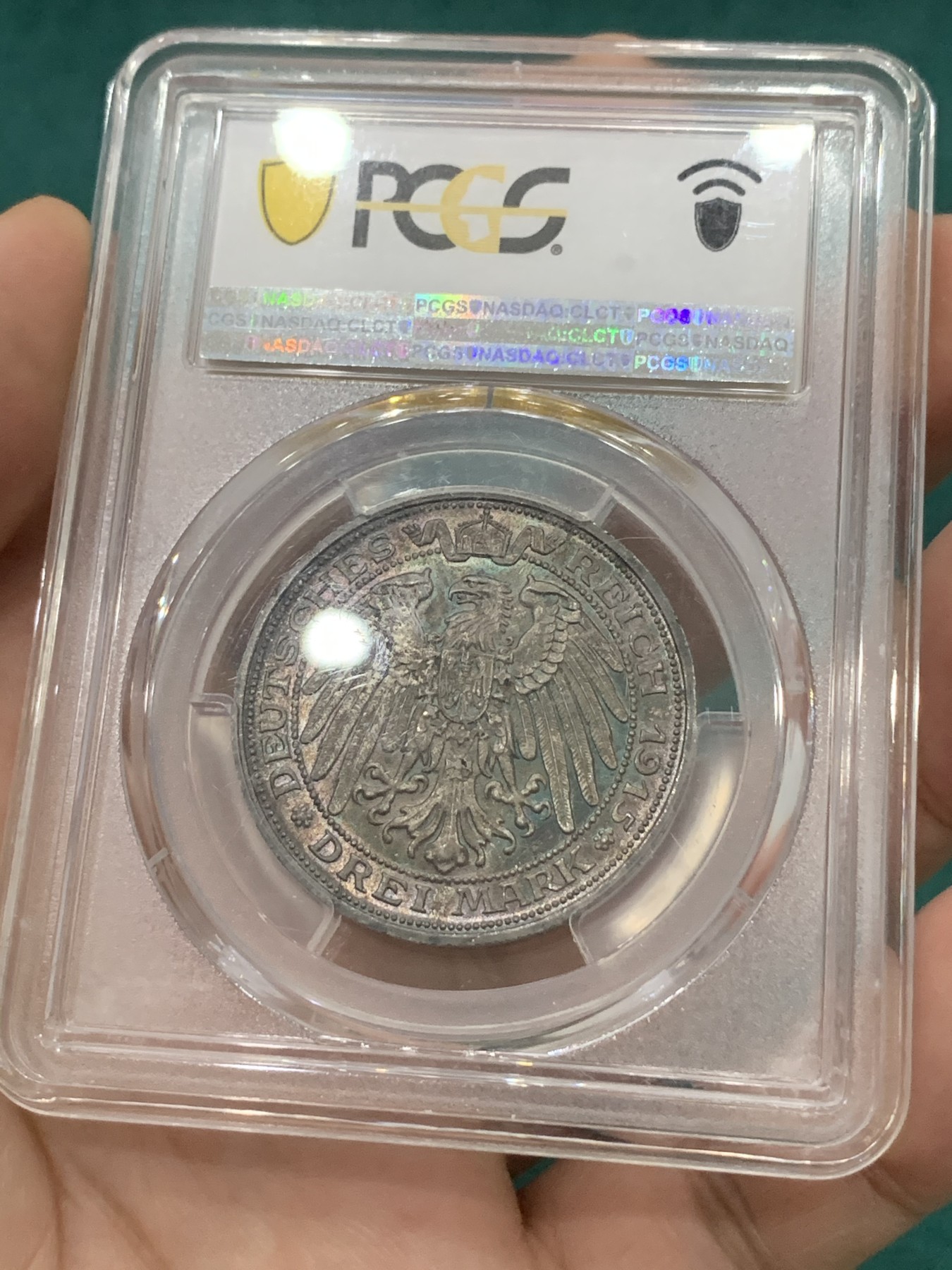 欢迎参加《竞宝斋》为爱冲冲冲 七夕特拍专场 ！第191场 (全场包邮) PCGS MS66 1915年德国普鲁士屠龙3马克银币 原味酱彩 这个包浆实在难得