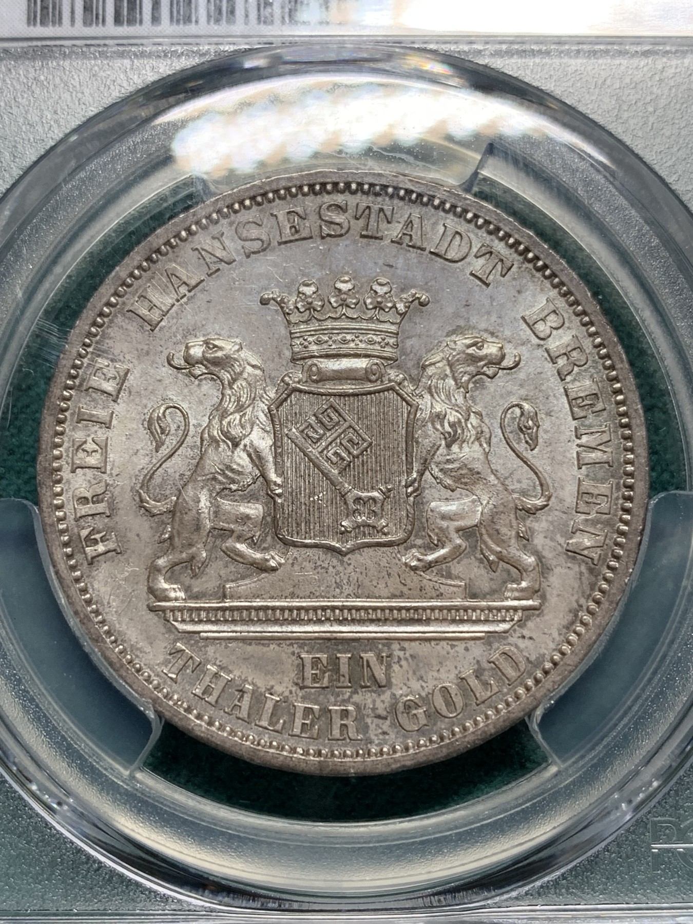 欢迎参加《竞宝斋》为爱冲冲冲 七夕特拍专场 ！第191场 (全场包邮) PCGS-MS65，德国不莱梅1871年胜利泰勒银币，锃亮好状态 十字光明显