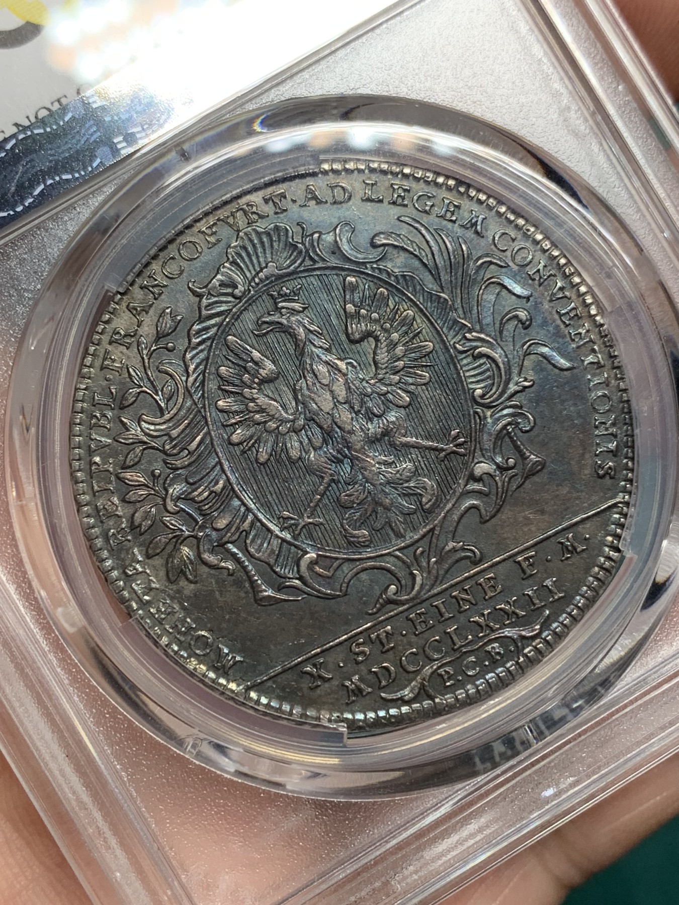 欢迎参加《竞宝斋》为爱冲冲冲 七夕特拍专场 ！第191场 (全场包邮) PCGS AUD 给91而不是92清洗 德国1772年“名誉品”法兰克福景观泰勒，蓝色星空彩犹如梵高油画。三年前欧洲裸币成交就已近千欧，可重新养护博分！