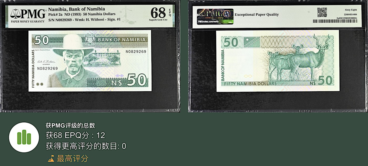 《张总收藏》115期-外币超精品场 新壳无划痕 纳米比亚50元 PMG68E 1993年初版 Pick2a 无47 冠军分