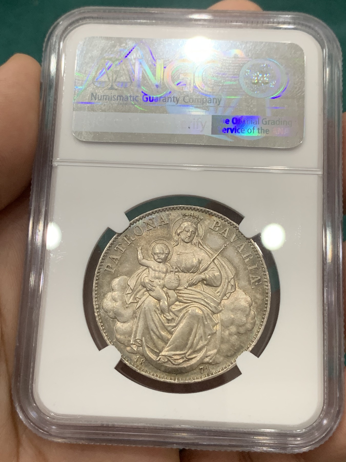欢迎参加《竞宝斋》为爱冲冲冲 七夕特拍专场 ！第191场 (全场包邮) NGC MS63  1871年巴伐利亚 圣母抱婴 泰勒银币 双面深彩包浆 PL底板 难得