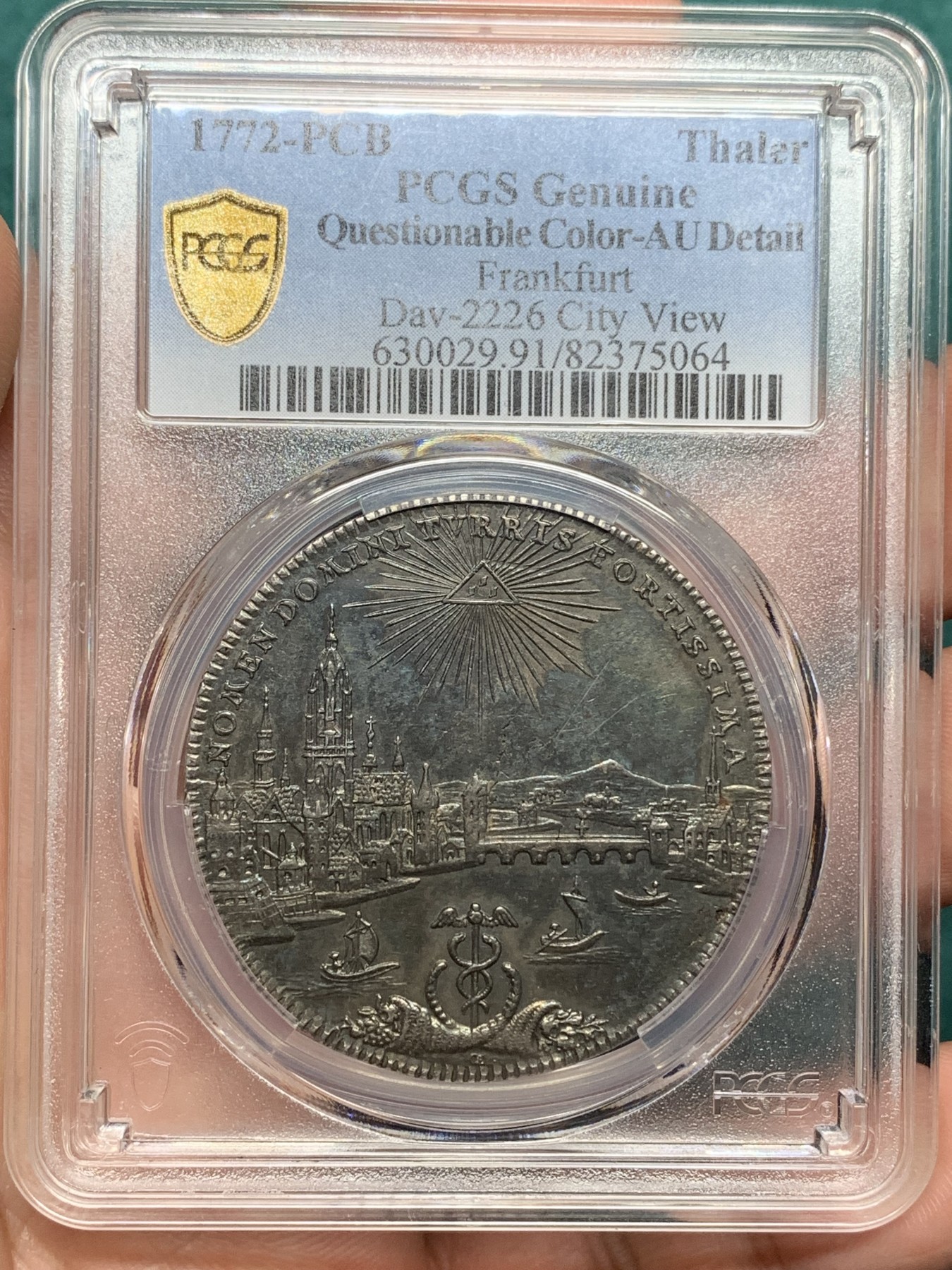 欢迎参加《竞宝斋》为爱冲冲冲 七夕特拍专场 ！第191场 (全场包邮) PCGS AUD 给91而不是92清洗 德国1772年“名誉品”法兰克福景观泰勒，蓝色星空彩犹如梵高油画。三年前欧洲裸币成交就已近千欧，可重新养护博分！