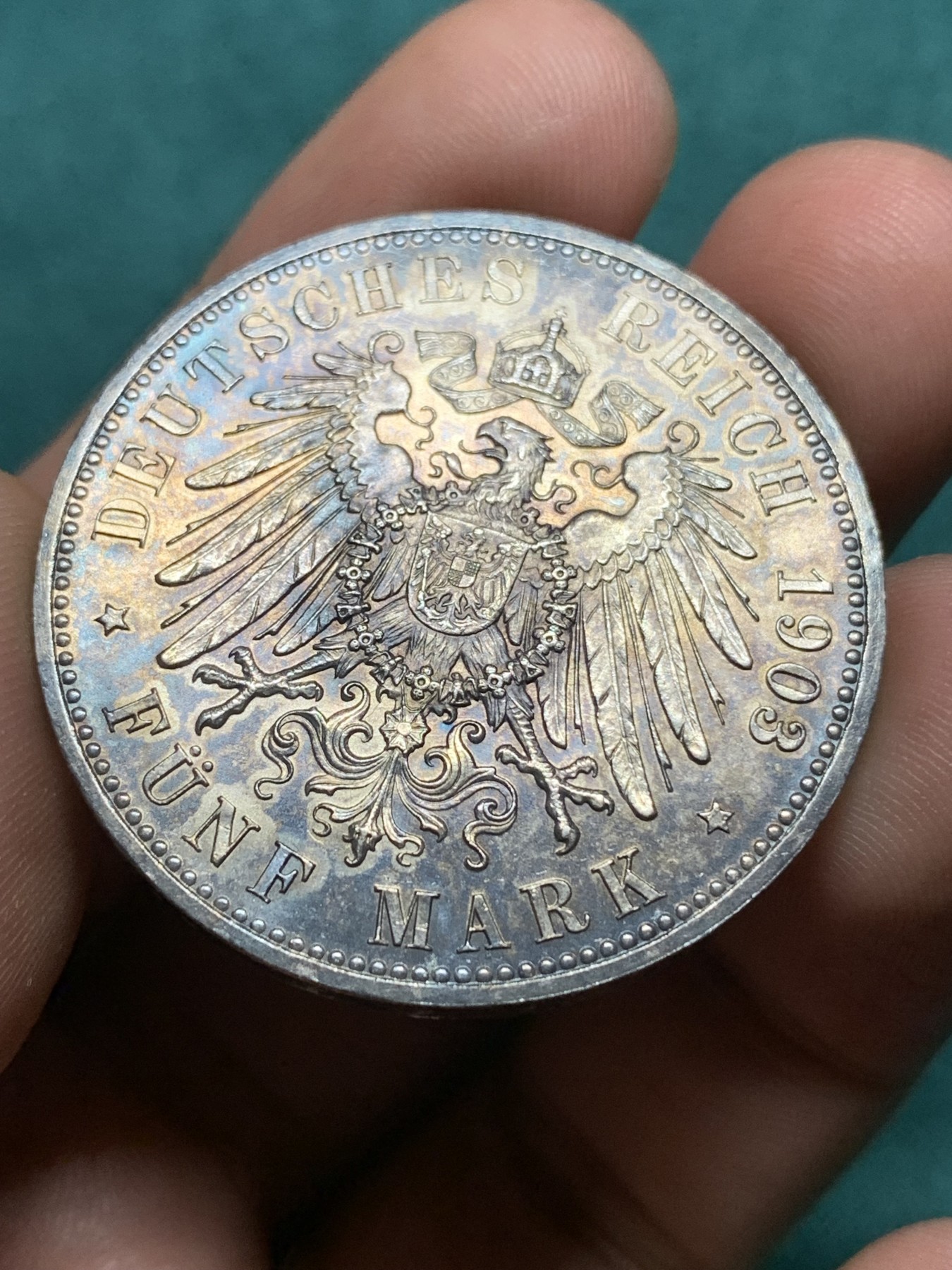 欢迎参加《竞宝斋》为爱冲冲冲 七夕特拍专场 ！第191场 (全场包邮) 1903A德国萨克森魏玛艾森纳赫结婚纪念5马克银币，BU品五彩欧洲包浆 目测MS品