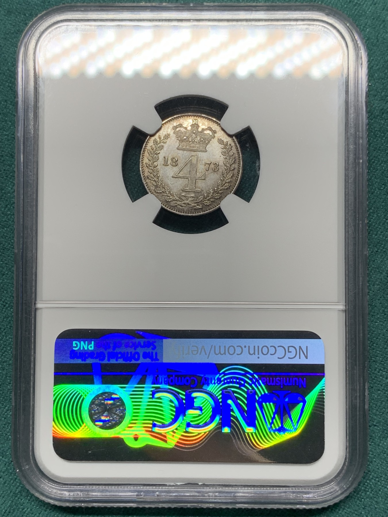 欢迎参加《竞宝斋》为爱冲冲冲 七夕特拍专场 ！第191场 (全场包邮) NGC-MS66 英国 1873年 1/2/3/4便士 青年维多利亚 濯足银币 原味包浆 其中2/3便士冠军分 1/4便士亚军分 难得的高分自藏品