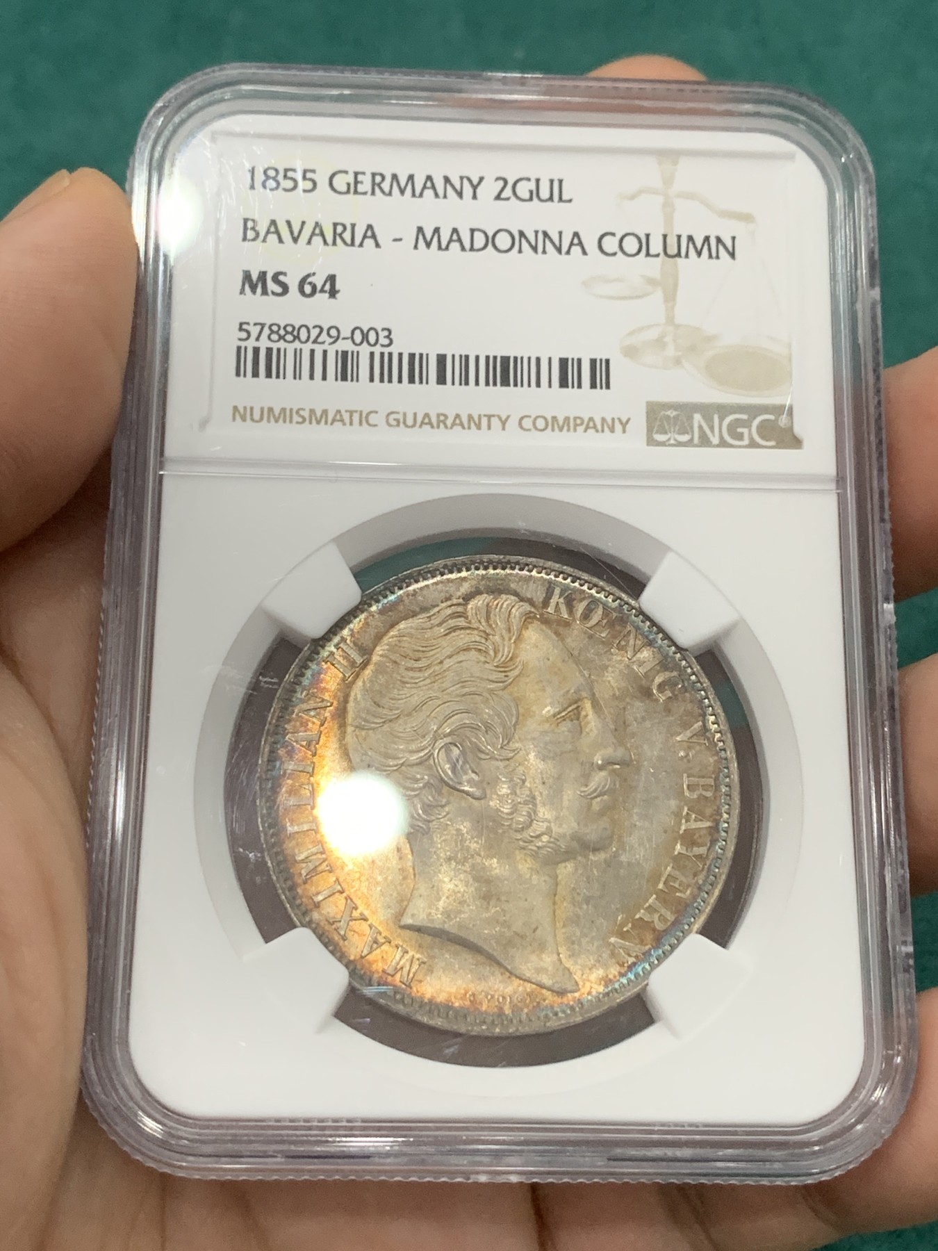 欢迎参加《竞宝斋》为爱冲冲冲 七夕特拍专场 ！第191场 (全场包邮) NGC-MS64 德国 巴伐利亚1855年圣母抱婴2盾银币，绝美环彩炫光包浆，状态无敌