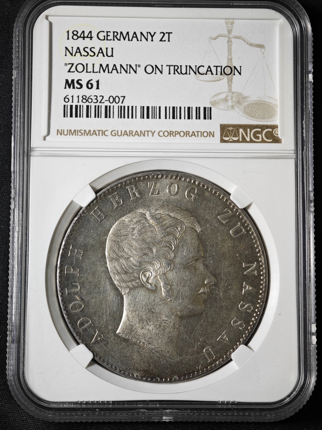 1844年 德国拿骚2泰勒银币 NGC MS61