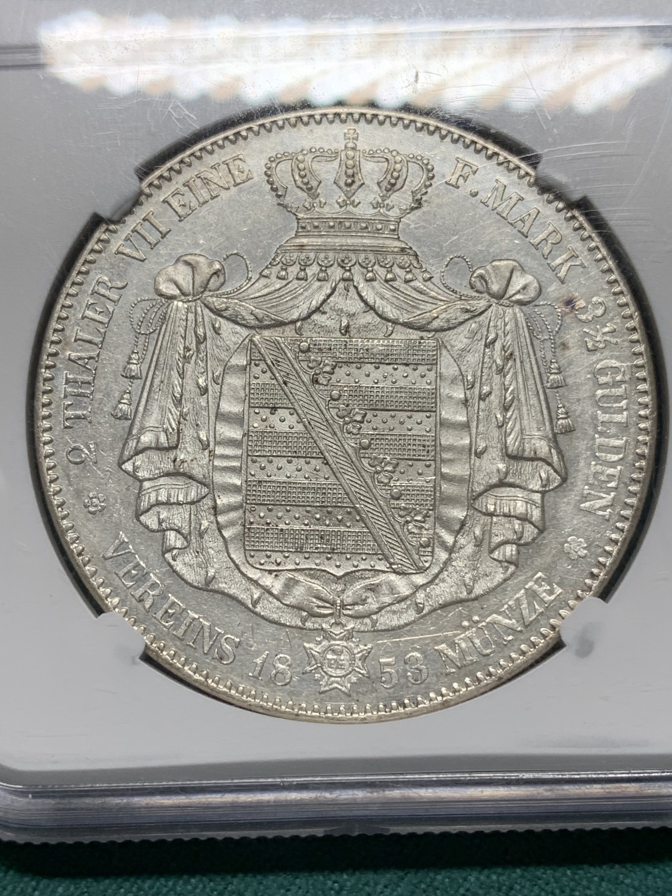 欢迎参加《竞宝斋》为爱冲冲冲 七夕特拍专场 ！第191场 (全场包邮) NGC-AU58 德国萨克森 1853F 2泰勒大银币 大窗帘  少见品种 37克 大规格