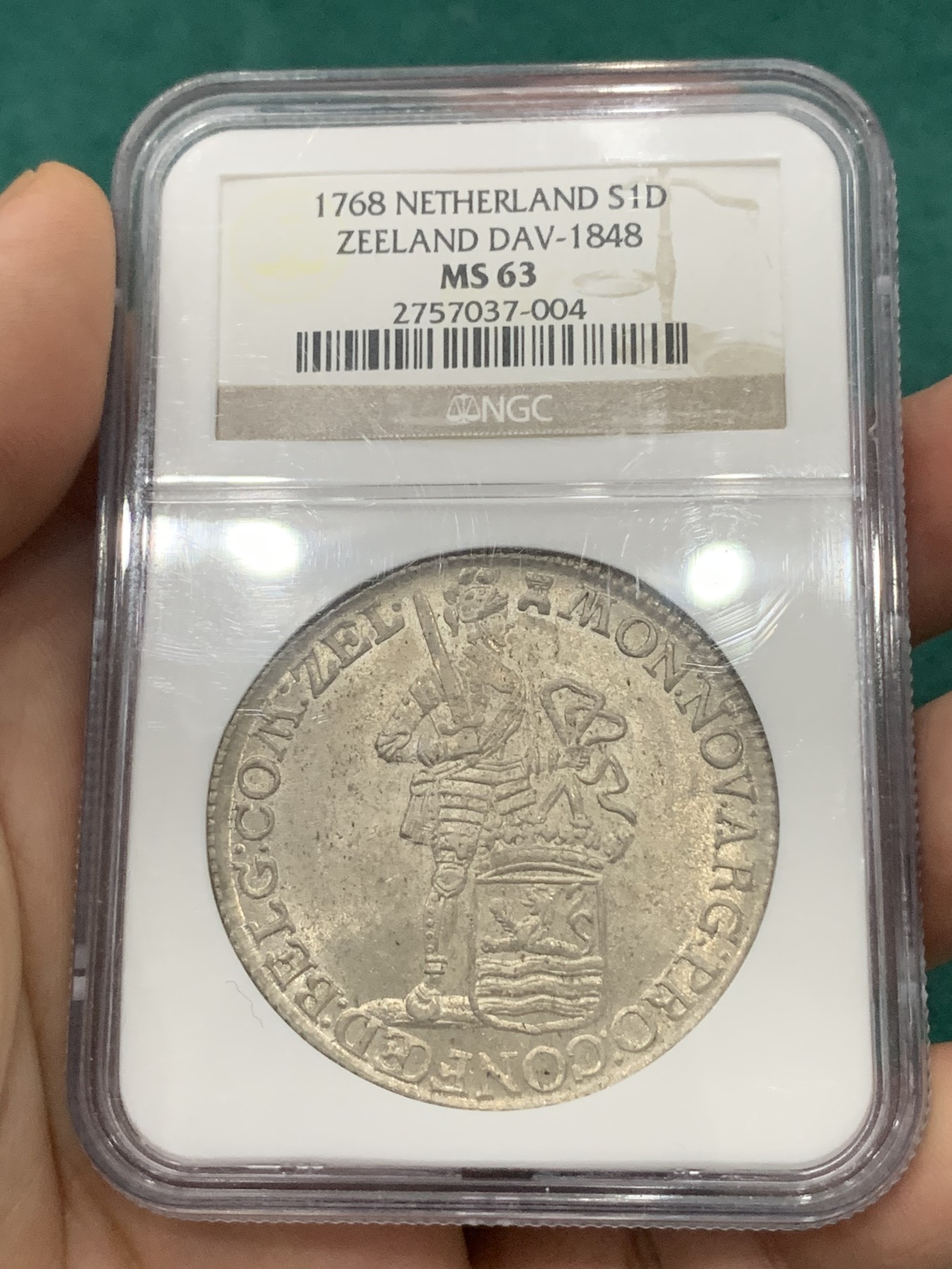 欢迎参加《竞宝斋》为爱冲冲冲 七夕特拍专场 ！第191场 (全场包邮) NGC MS63 荷兰 泽兰省 1768年 1杜卡特 武士银币 打制的很不错 老盒严评 带包浆