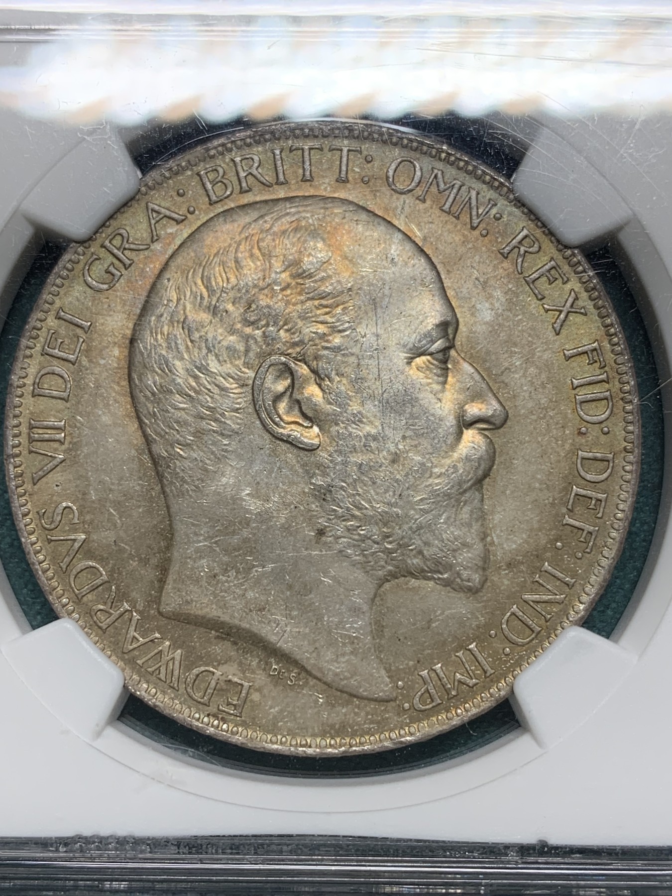 欢迎参加《竞宝斋》为爱冲冲冲 七夕特拍专场 ！第191场 (全场包邮) NGC MS64 英国1902 爱德华七世马剑1克朗精制银币 深彩包浆 MS的上64就比PF的难得大不少