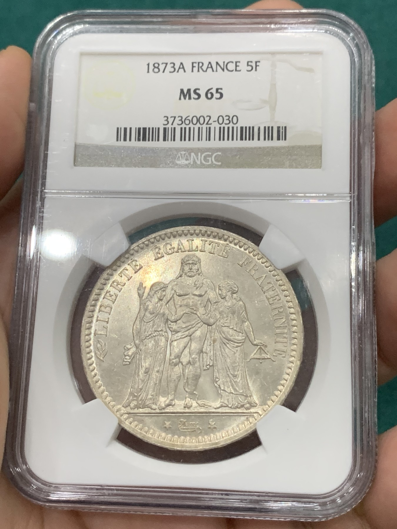 欢迎参加《竞宝斋》为爱冲冲冲 七夕特拍专场 ！第191场 (全场包邮) NGC老盒 MS65 法国1873年大力神5法郎银币，收藏级高分！