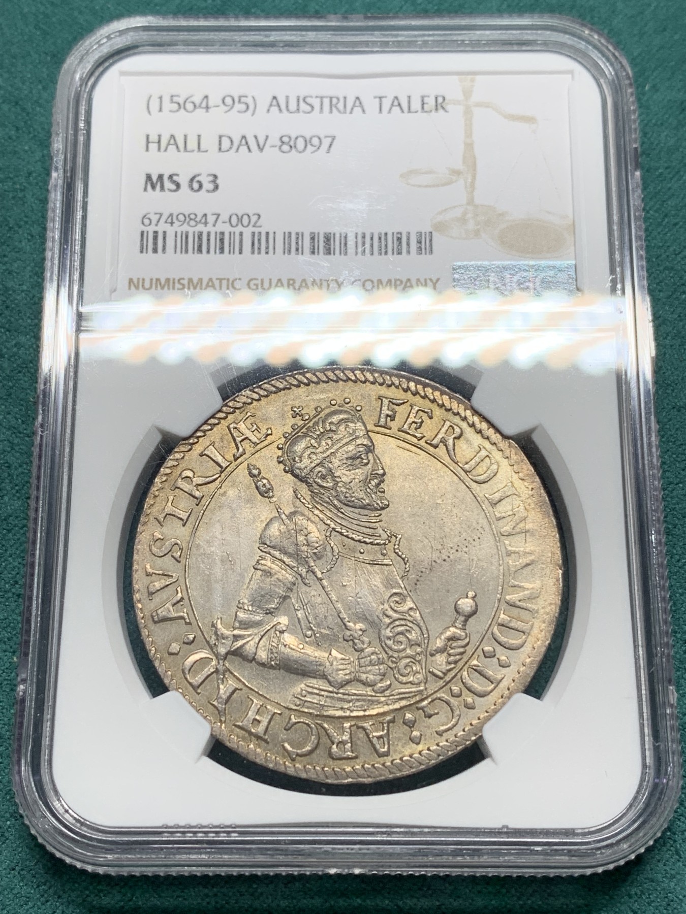 欢迎参加《竞宝斋》为爱冲冲冲 七夕特拍专场 ！第191场 (全场包邮) NGC-MS63  神圣罗马帝国 1564-95年 1泰勒 大银币霍尔造币厂 双面五彩包浆好状态 一枚毕业