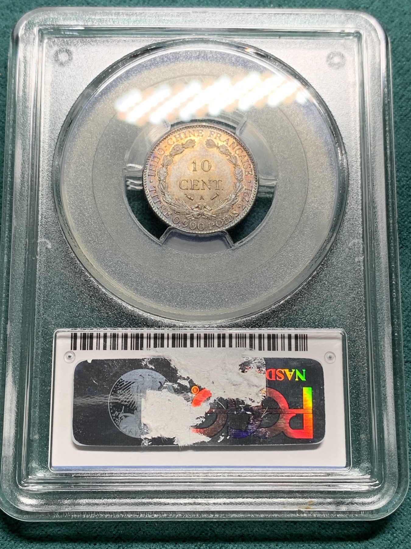 欢迎参加《竞宝斋》为爱冲冲冲 七夕特拍专场 ！第191场 (全场包邮) PCGS MS64 法属印支 1893年 10分 银币 加重版 彩浆罕见！