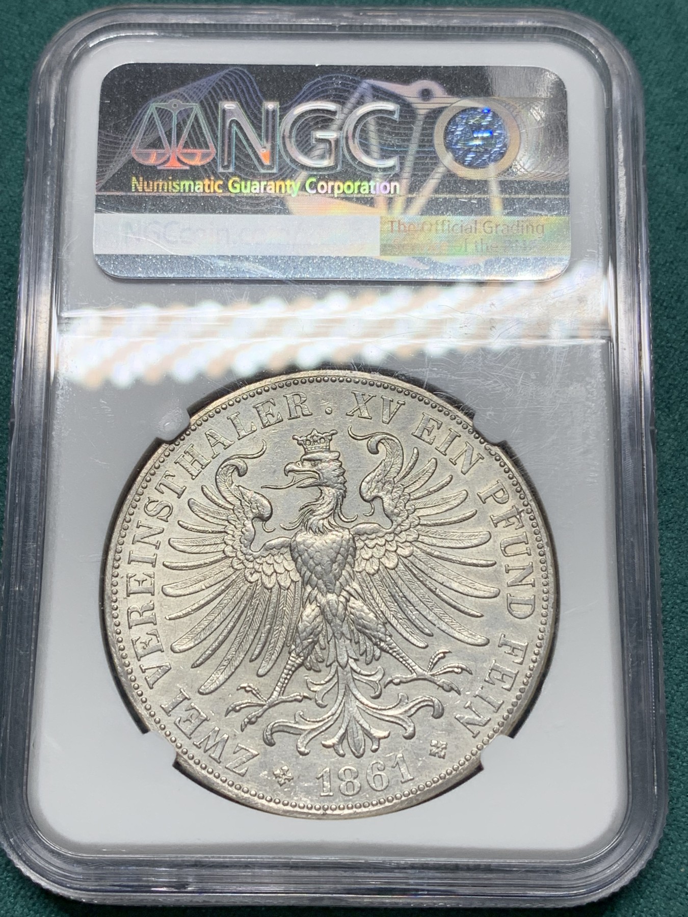 欢迎参加《竞宝斋》为爱冲冲冲 七夕特拍专场 ！第191场 (全场包邮) NGC-AUD 德国1861年法兰克福少女2泰勒大银币 37克的重量