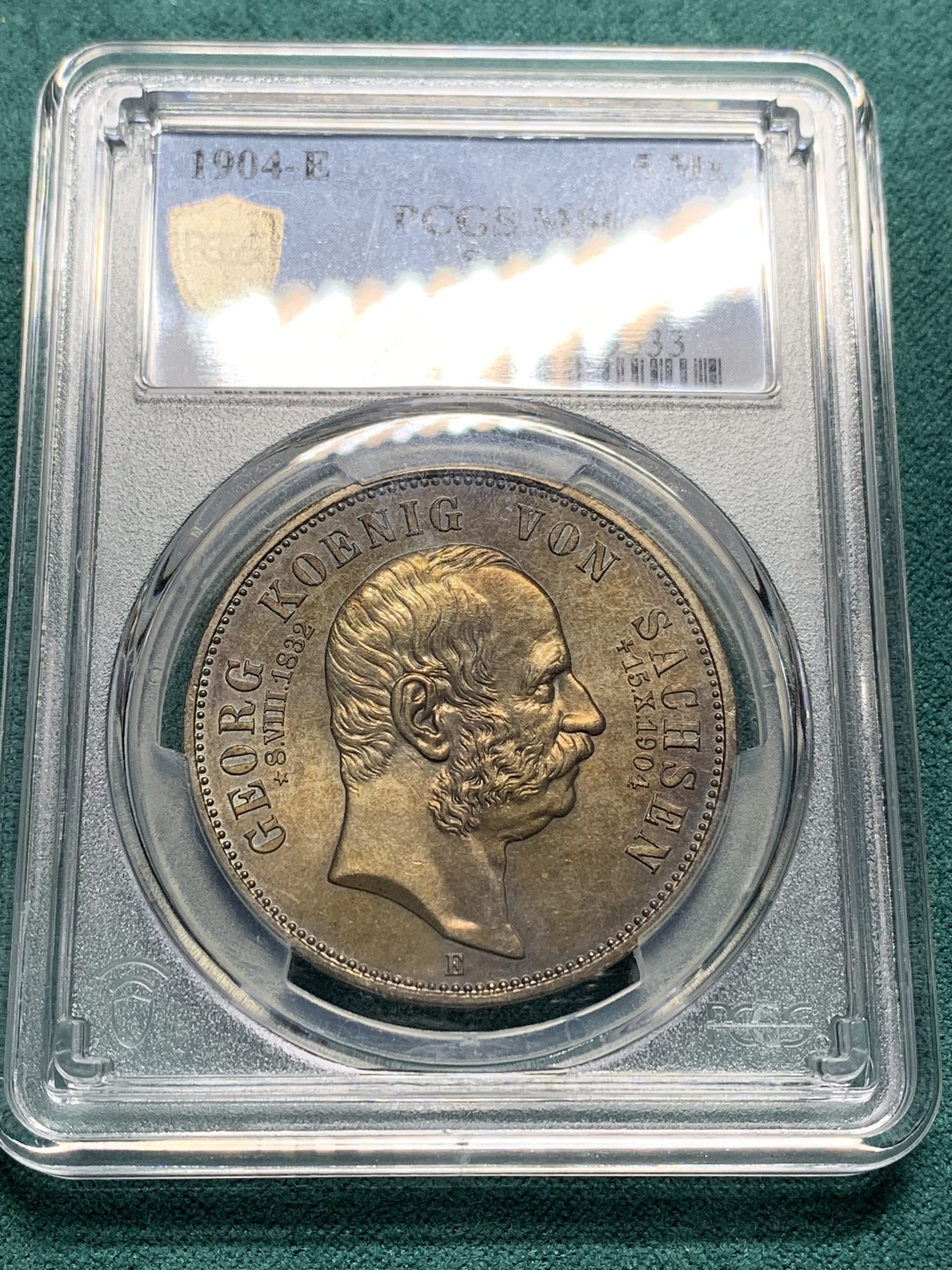 欢迎参加《竞宝斋》为爱冲冲冲 七夕特拍专场 ！第191场 (全场包邮) PCGS-MS64，德国1904年萨克森乔治纪念5马克银币，金色均匀包浆 难得高分状态