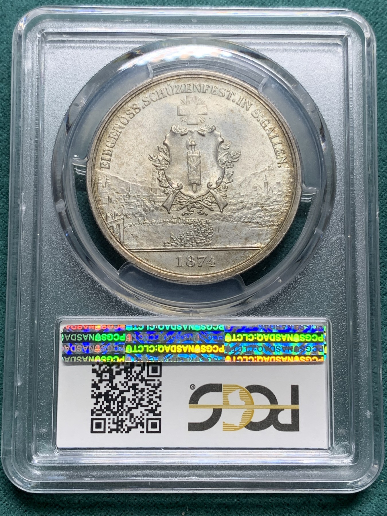 欢迎参加《竞宝斋》为爱冲冲冲 七夕特拍专场 ！第191场 (全场包邮) PCGS MS65 1874年瑞士圣加仑射击节5法郎银币，欧洲纸袋包浆，高分品质凤毛麟角，早期严评，人物高点表情俱在