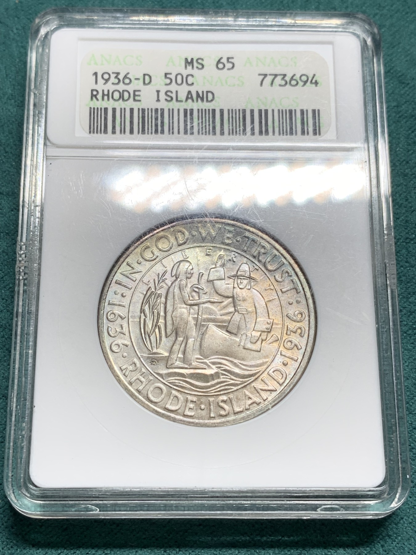 欢迎参加《竞宝斋》为爱冲冲冲 七夕特拍专场 ！第191场 (全场包邮) ANACS-MS65 美国 1936年 罗德岛 50美分 纪念币 绝版小白盒 带彩 小白盒装的半圆很少见