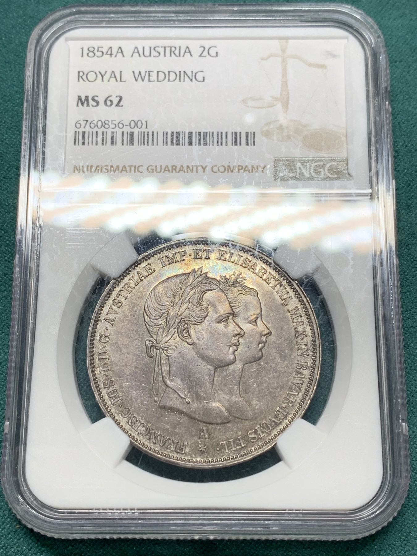 欢迎参加《竞宝斋》为爱冲冲冲 七夕特拍专场 ！第191场 (全场包邮) NGC-MS62 奥匈帝国 1854年 2盾 茜茜公主 结婚纪念大银币 少见的婚礼版本 比银婚更加稀有 原味包浆 背部浮雕神圣深邃 大热品种