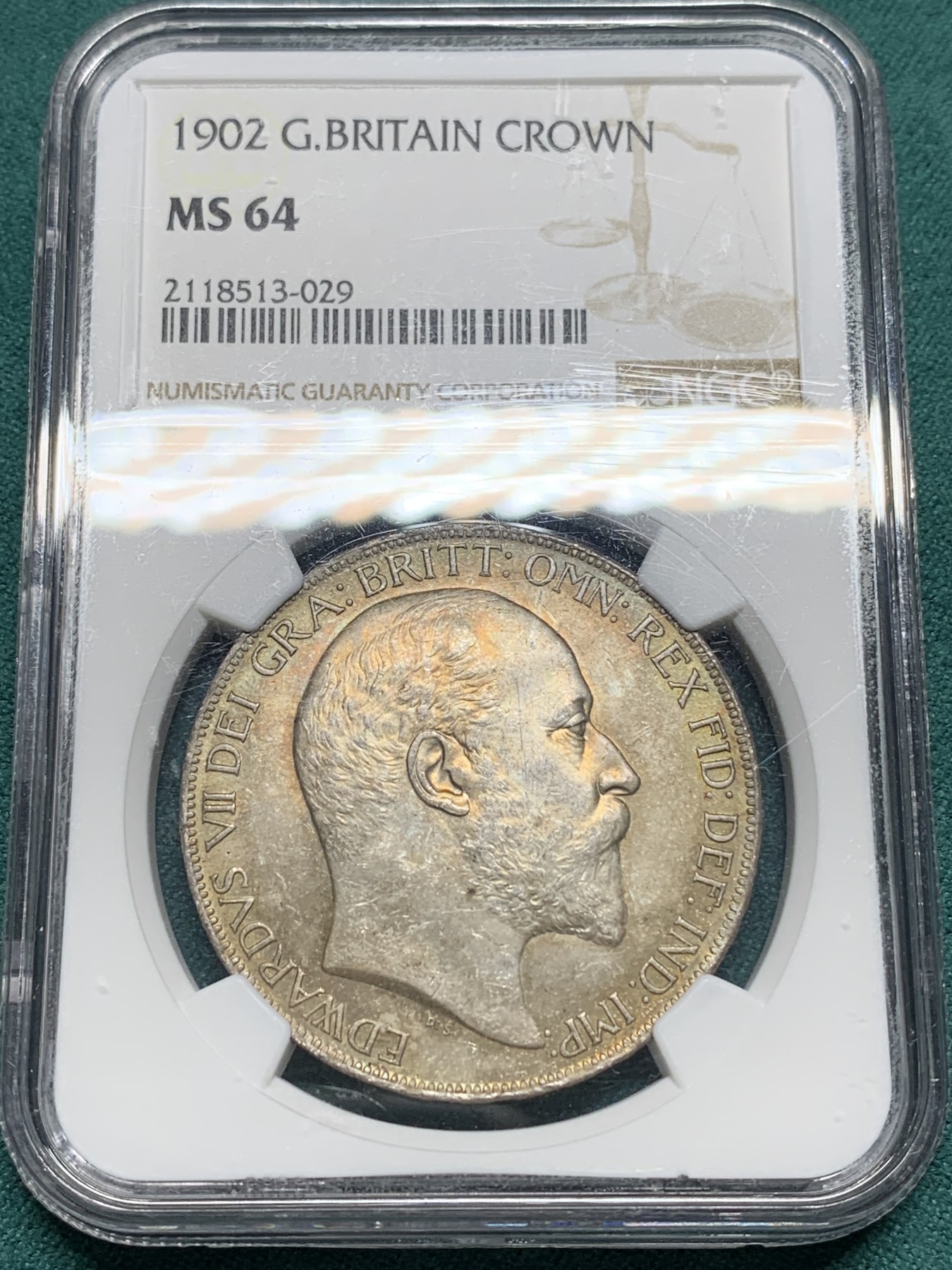 欢迎参加《竞宝斋》为爱冲冲冲 七夕特拍专场 ！第191场 (全场包邮) NGC MS64 英国1902 爱德华七世马剑1克朗精制银币 深彩包浆 MS的上64就比PF的难得大不少