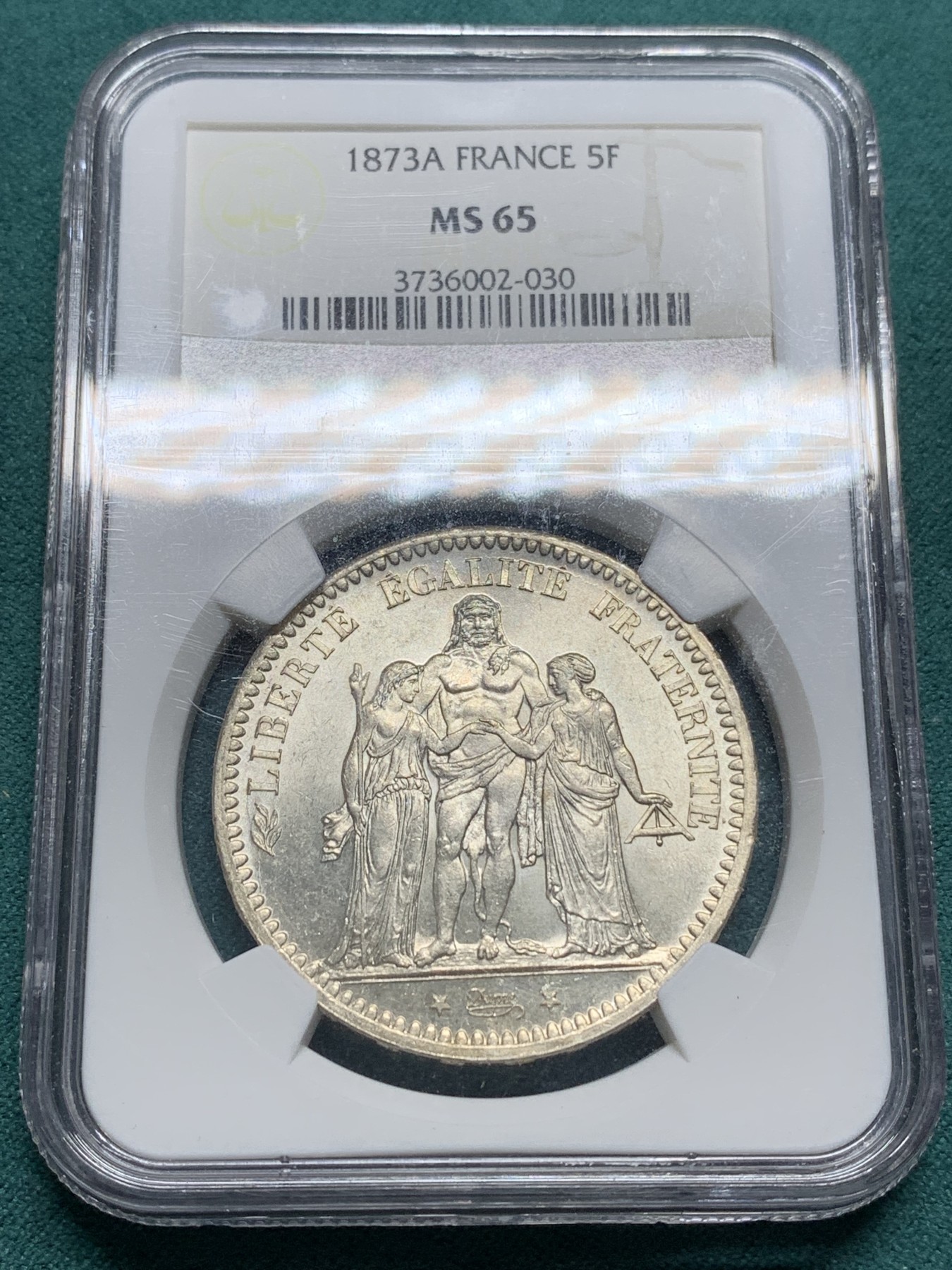 欢迎参加《竞宝斋》为爱冲冲冲 七夕特拍专场 ！第191场 (全场包邮) NGC老盒 MS65 法国1873年大力神5法郎银币，收藏级高分！