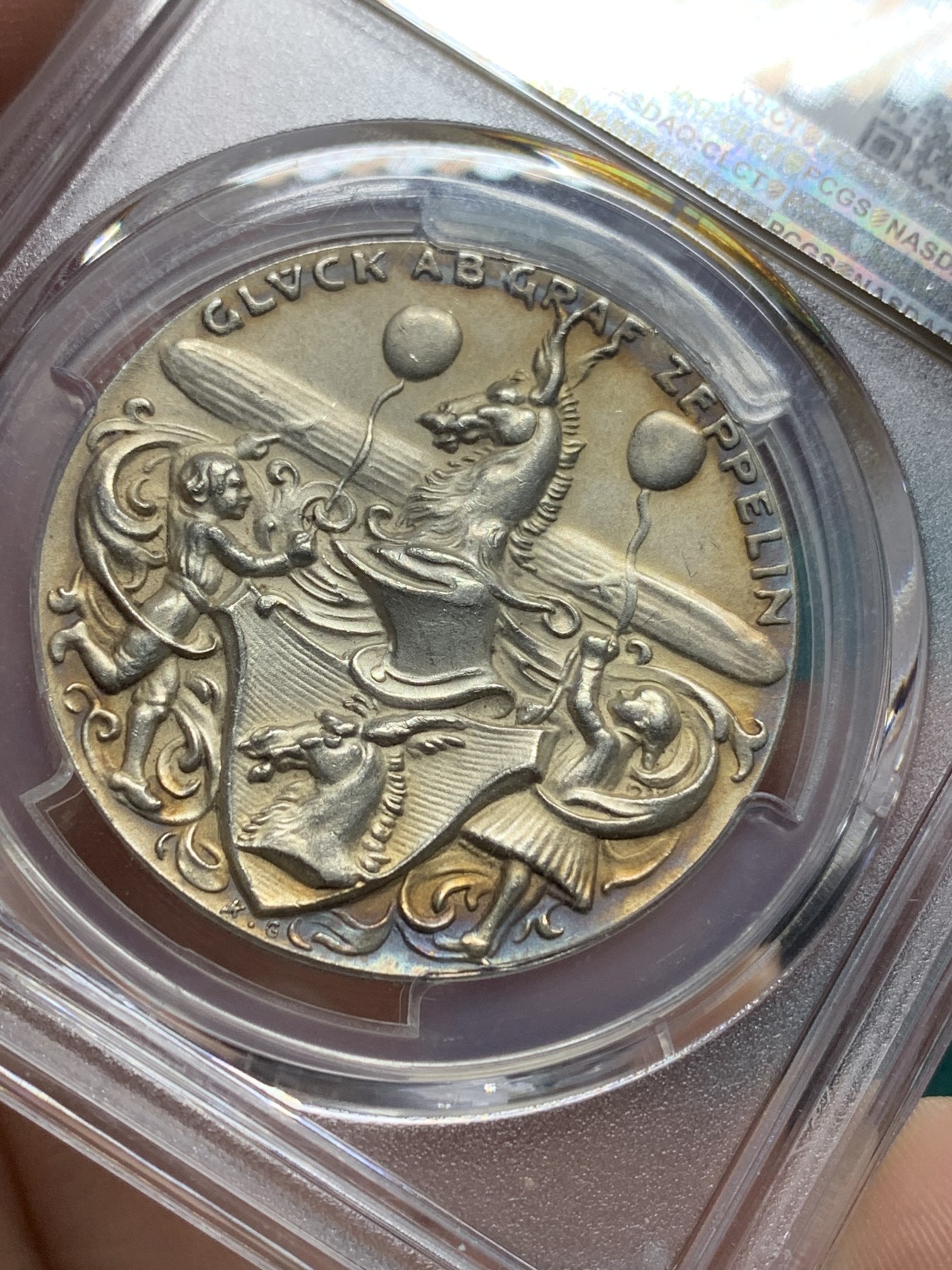 欢迎参加《竞宝斋》为爱冲冲冲 七夕特拍专场 ！第191场 (全场包邮) 1928年 PCGS-SP63 德国魏玛 飞艇之父齐柏林诞辰90周年纪念银章 卡尔哥茨作品 包浆细节美