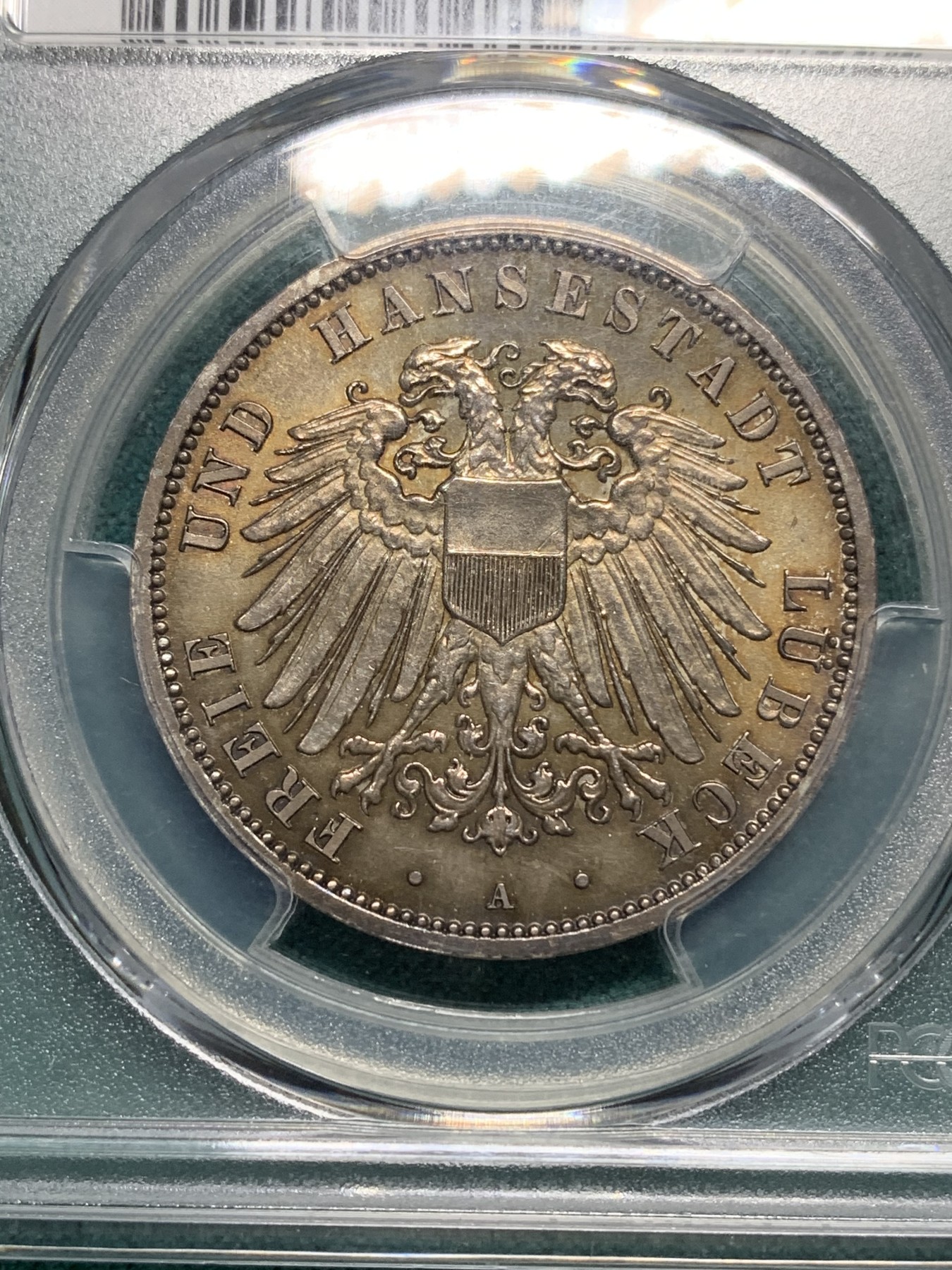 欢迎参加《竞宝斋》为爱冲冲冲 七夕特拍专场 ！第191场 (全场包邮) PCGS MS64 德国吕贝克市1908年3马克银币 币面呈现淡彩色 百看不厌 值得收藏