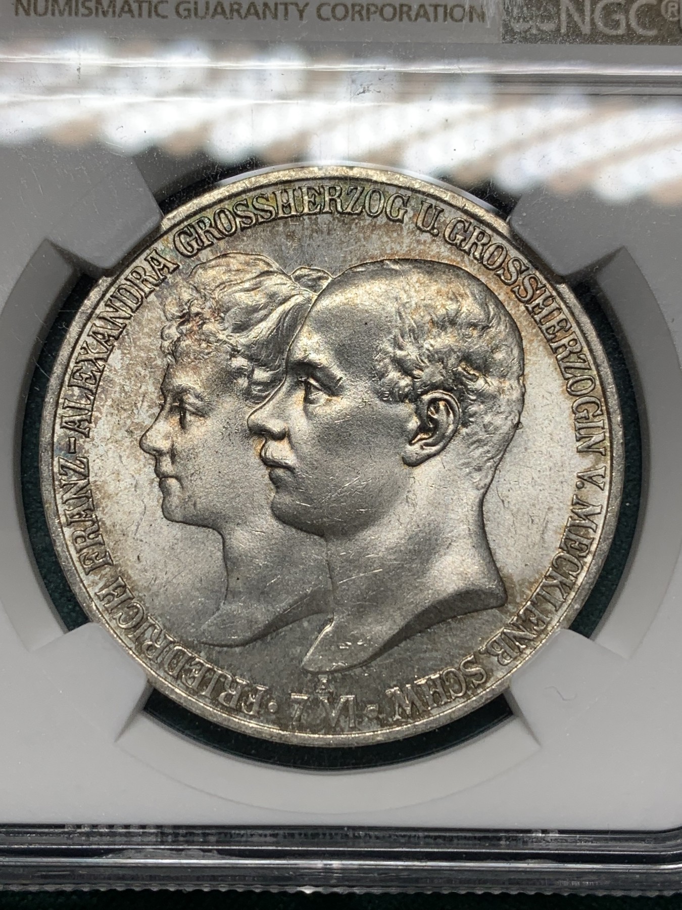 欢迎参加《竞宝斋》为爱冲冲冲 七夕特拍专场 ！第191场 (全场包邮) NGC MS64 1904梅克伦堡什未林结婚纪念5马克 车轮暴光 最高分仅为65 普制好品少