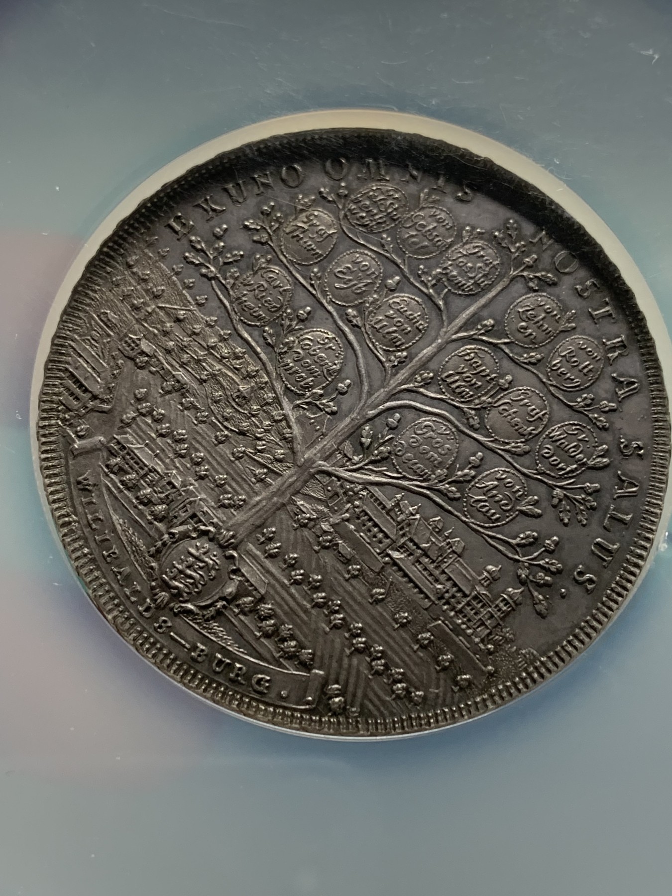 欢迎参加《竞宝斋》为爱冲冲冲 七夕特拍专场 ！第191场 (全场包邮) NGC-MS64 1790年德国艾希施塔特教宗缺位2泰勒大银币 宗教色彩浓郁的一枚钱币，全知之眼与世界之树，大规格2T，均匀的铁灰色包浆，状态极佳