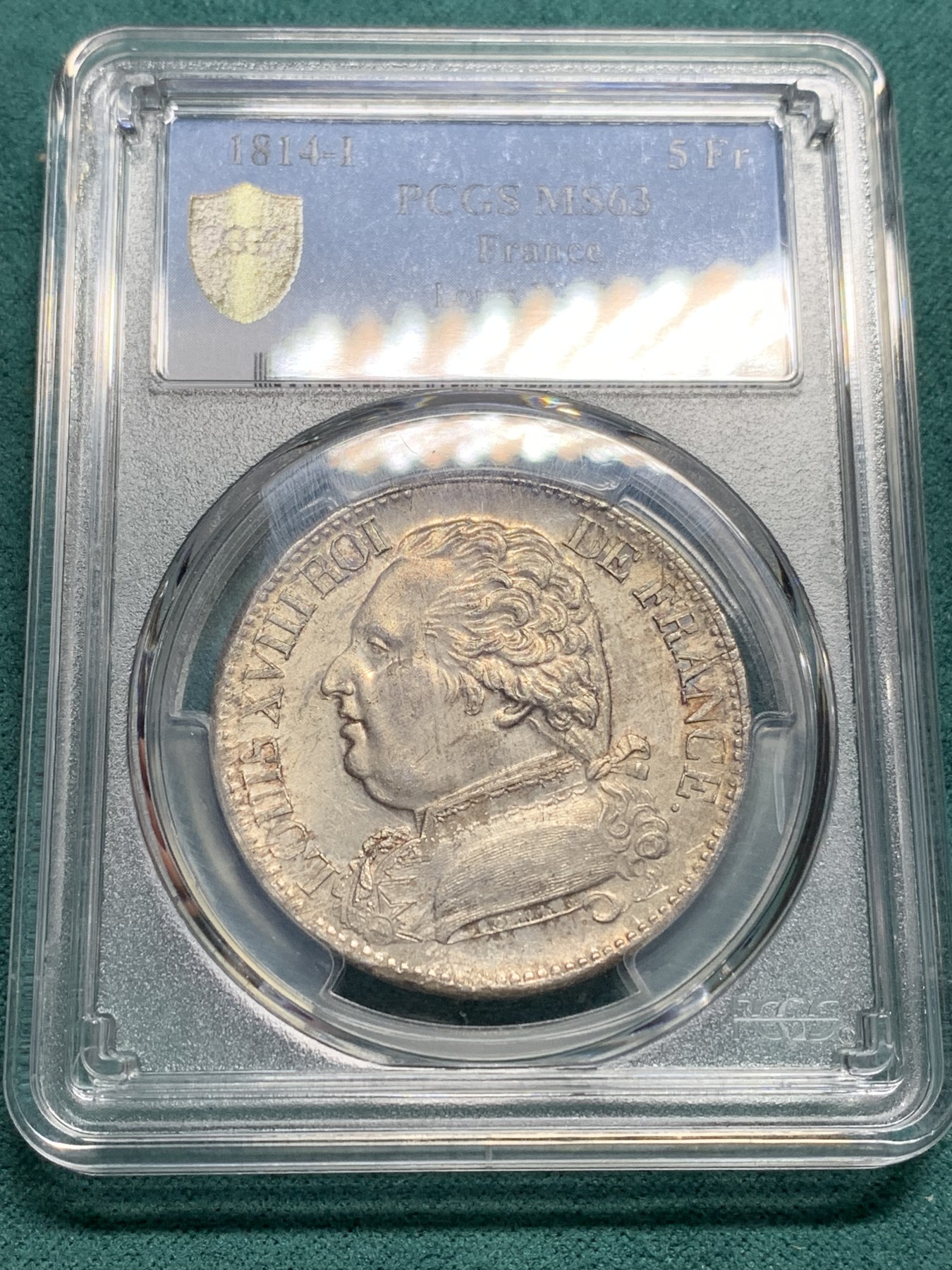 欢迎参加《竞宝斋》为爱冲冲冲 七夕特拍专场 ！第191场 (全场包邮) PCGS MS63 法国 1814年I版 路易十八 戎装版 5法郎银币 只有铸造了两年 极少品种  分数与品质共存 非常不错