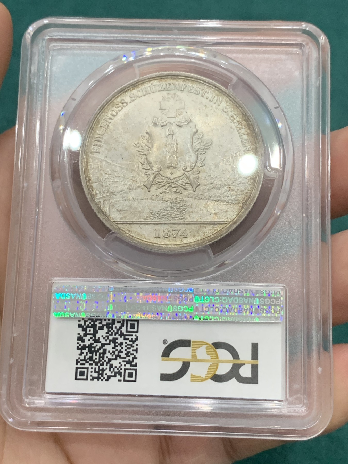 欢迎参加《竞宝斋》为爱冲冲冲 七夕特拍专场 ！第191场 (全场包邮) PCGS MS65 1874年瑞士圣加仑射击节5法郎银币，欧洲纸袋包浆，高分品质凤毛麟角，早期严评，人物高点表情俱在