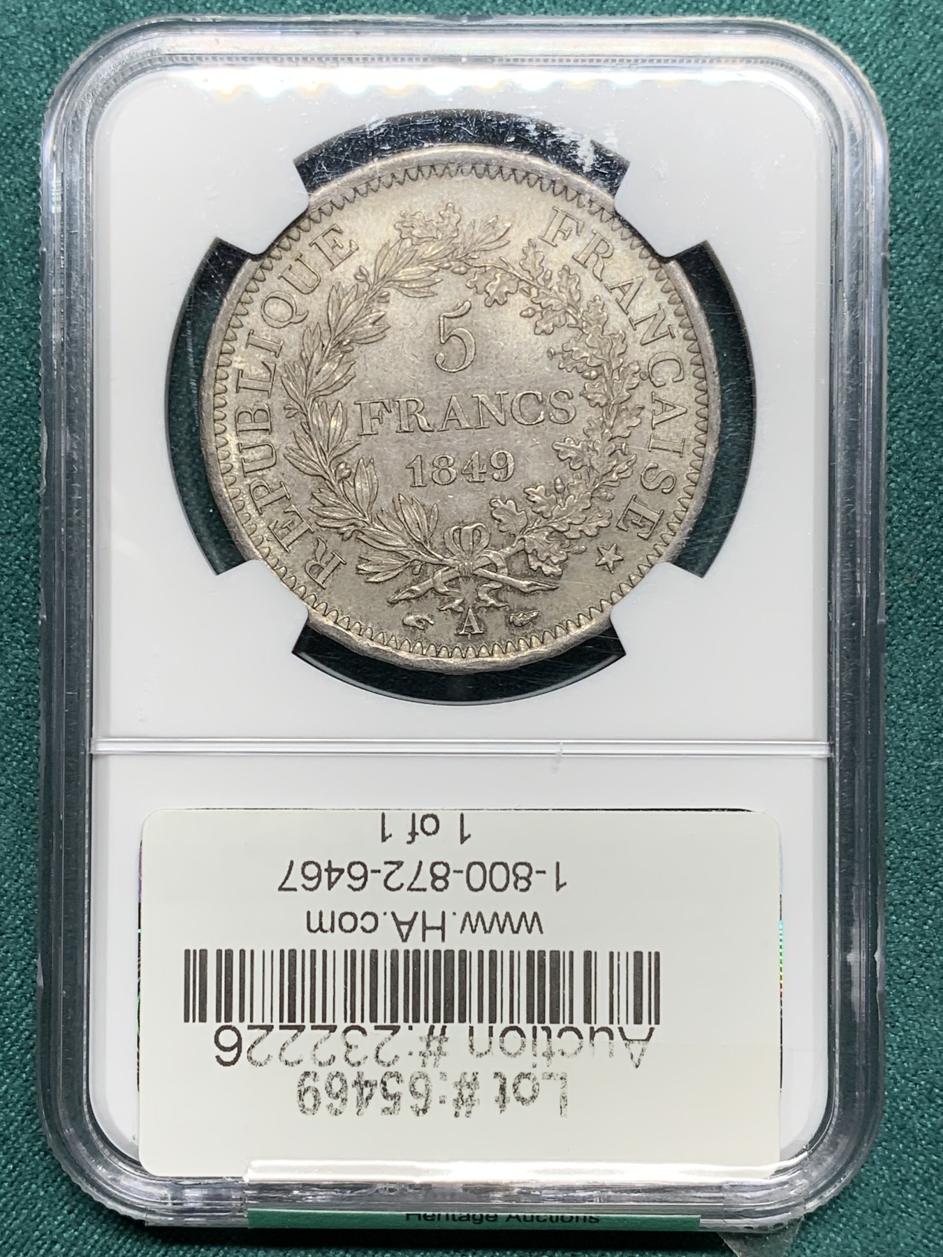 欢迎参加《竞宝斋》为爱冲冲冲 七夕特拍专场 ！第191场 (全场包邮) NGC MS65 法国1849年第二共和国大力神5法郎银币，去年海外HA拍卖原拍品，960落锤，到国内成本1000美金以上。均匀枪灰包浆！所见最高分！