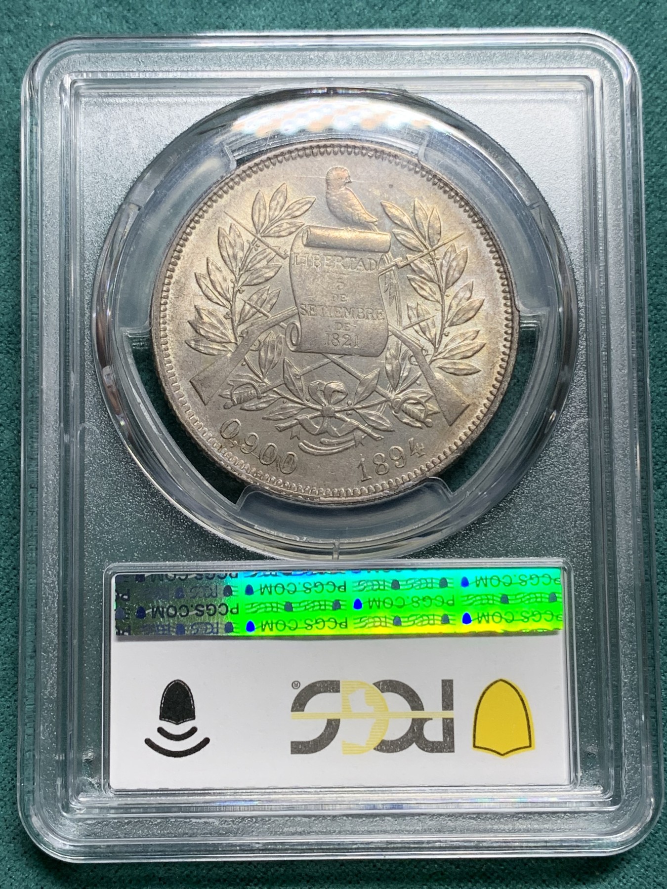 欢迎参加《竞宝斋》为爱冲冲冲 七夕特拍专场 ！第191场 (全场包邮) PCGS-MS64 危地马拉 1894年 1比索 漂亮女神设计 热门中南美洲品种 双面五彩 高分收藏品