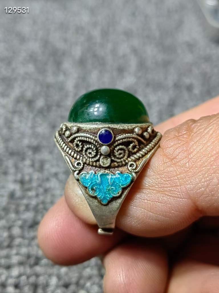 老银烧蓝镶嵌猫眼石戒指 老银烧蓝镶嵌猫眼石戒指