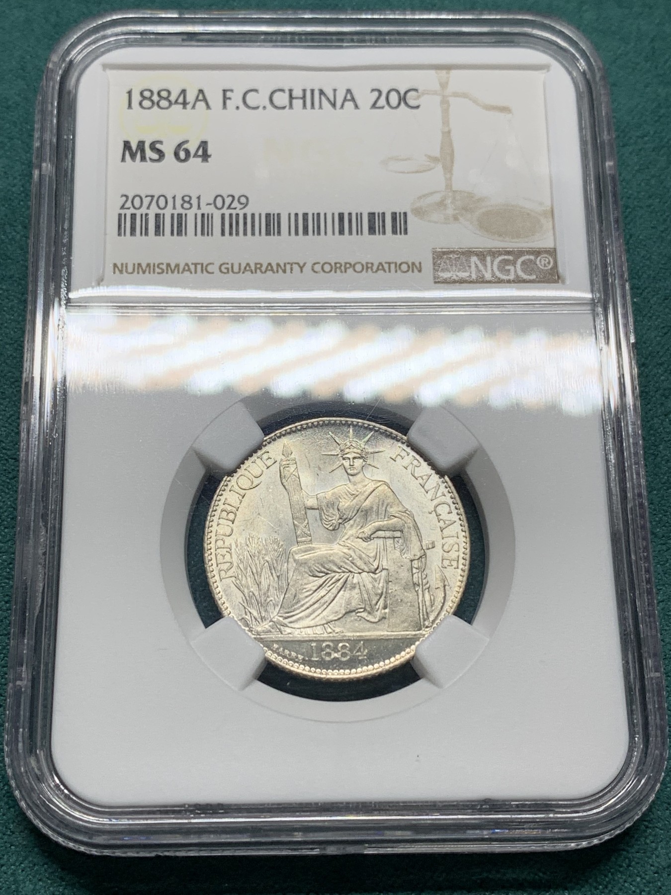 欢迎参加《竞宝斋》为爱冲冲冲 七夕特拍专场 ！第191场 (全场包邮) NGC MS64 法属交趾 1884年 20分 极少品种