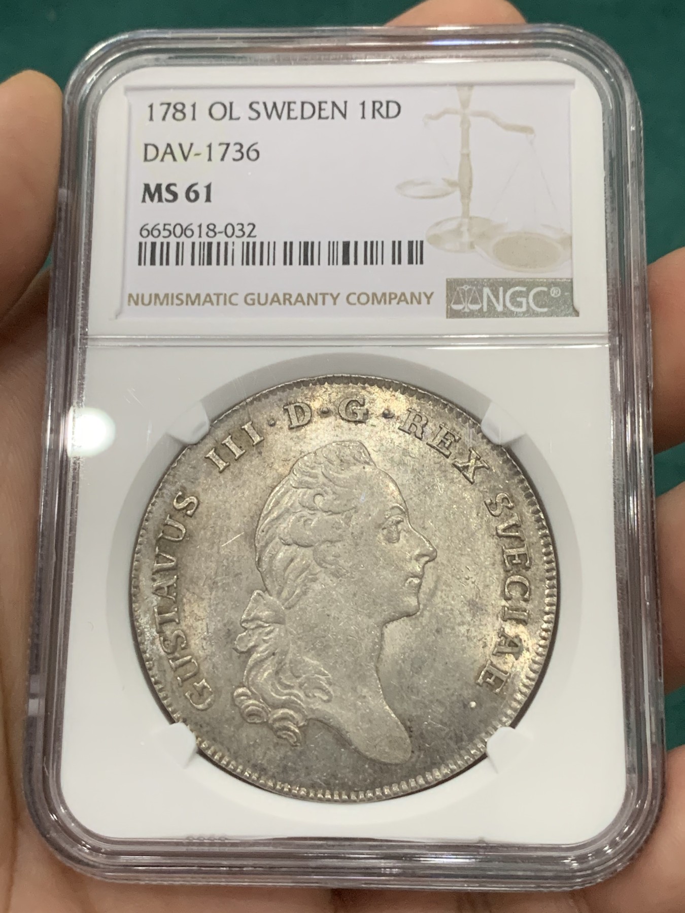 欢迎参加《竞宝斋》为爱冲冲冲 七夕特拍专场 ！第191场 (全场包邮) NGC-MS61 瑞典1781-OL古斯塔夫三世国王 1达勒银币 两百多年历史 底板银光充沛 转光强烈 季军分