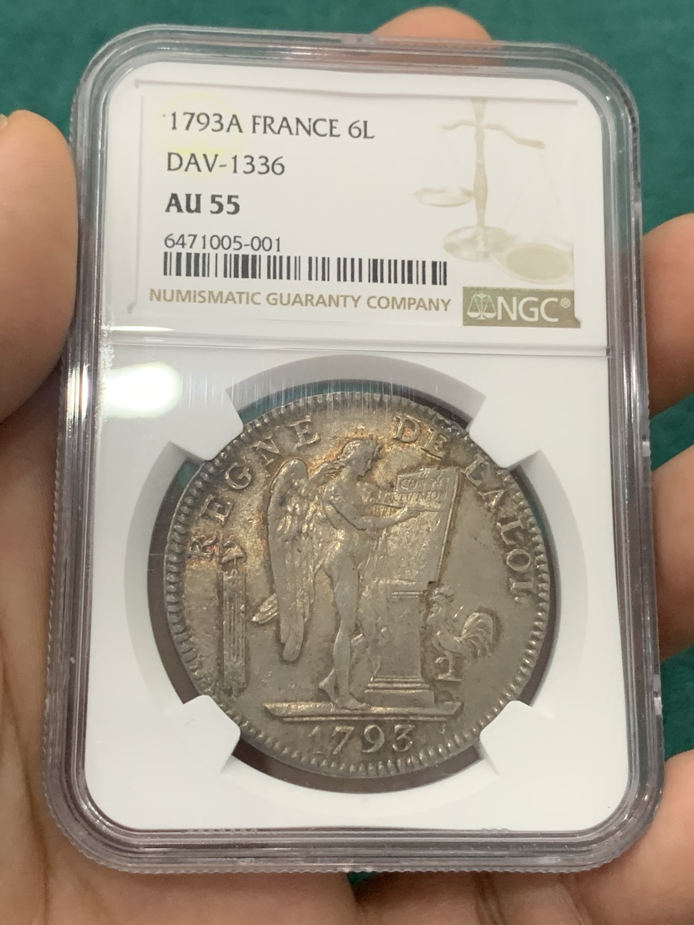欢迎参加《竞宝斋》为爱冲冲冲 七夕特拍专场 ！第191场 (全场包邮) NGC-AU55 1793年法国天使6里弗 法国大革命时期的早期货币，深打淡彩轻微减重痕，整体无大伤，状态相当出众