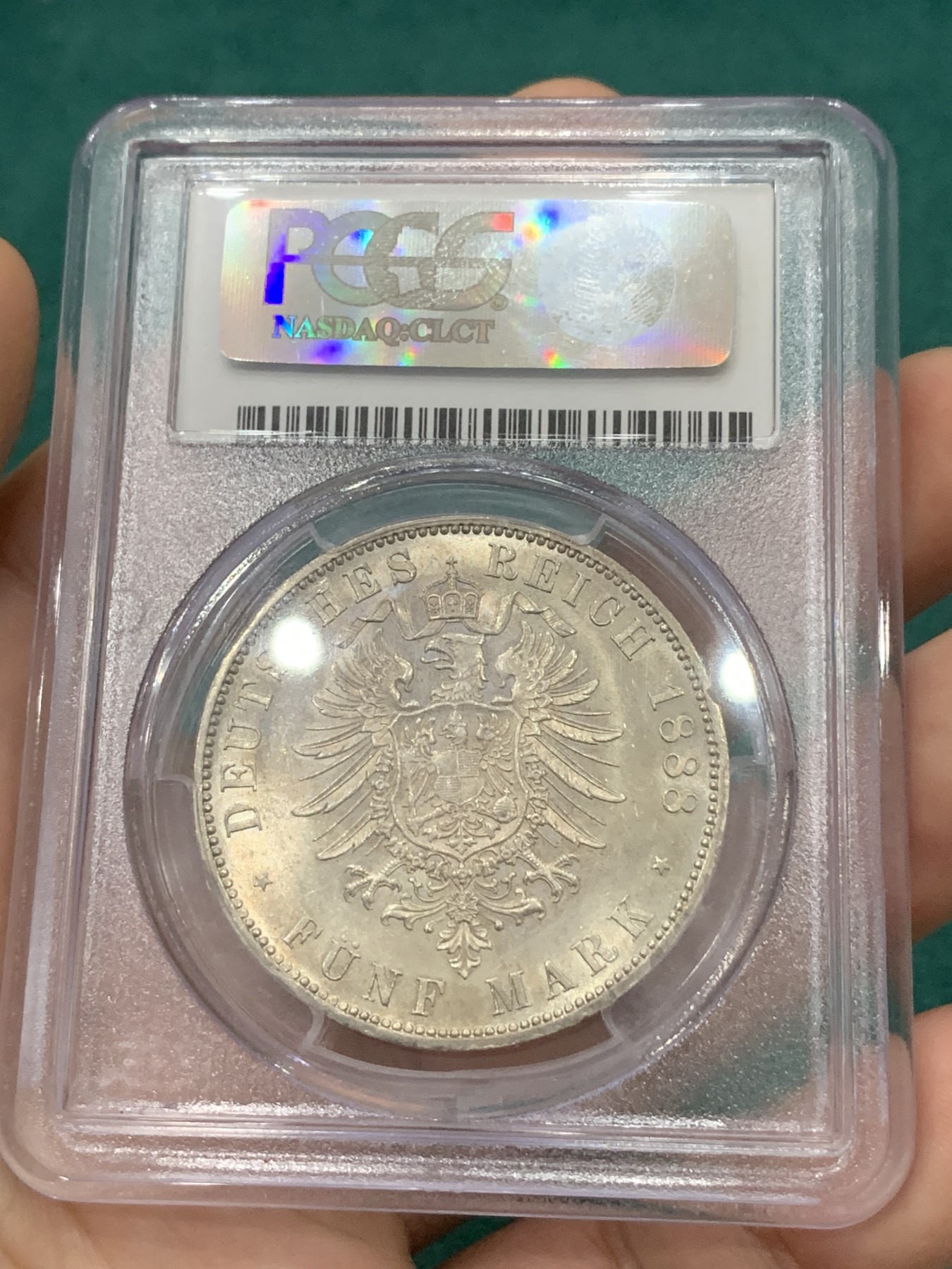 欢迎参加《竞宝斋》为爱冲冲冲 七夕特拍专场 ！第191场 (全场包邮) PCGS MS62 德国普鲁士1888年三皇5马克银币 原光车轮光 光度一流